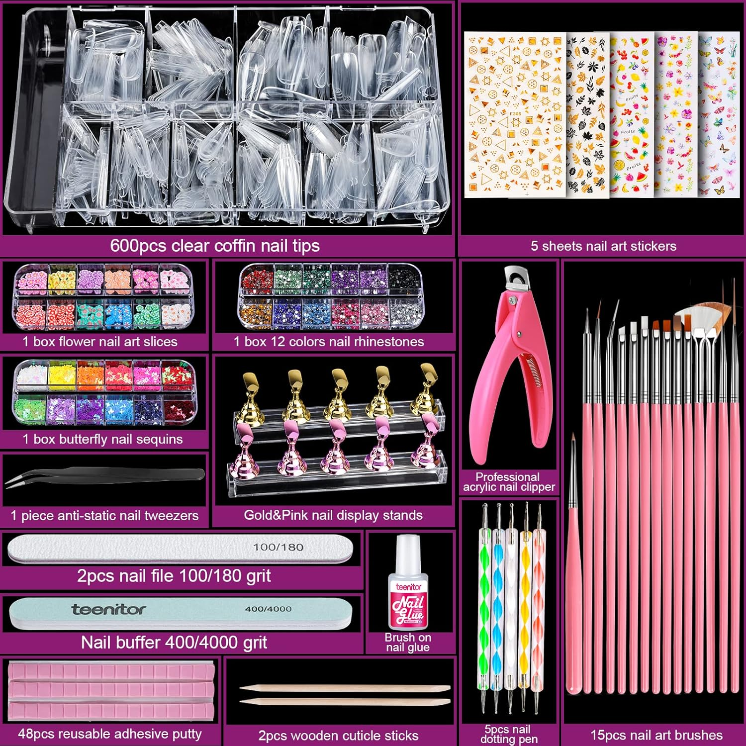 Acrylic Fake Nails Kit, Teenitor Press on Nail Supplies with Clear Coffin Tips Stand Art Brushes Dotting Pen Glitter Sequins Stickers Rhinestones Decorations Starter Kit 18 Counts image number 4