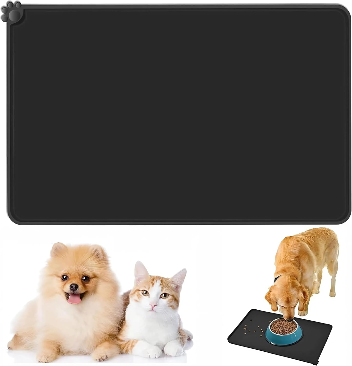 Dog Feeding Mat, Food Grade Silicone Cat Food Mat, Non Slip Waterproof Pet Food and Water Bowl Placemat for Messy Drinkers to Protect Floors - Dog Bowl Mat (Black, 48X30Cm) image number 1