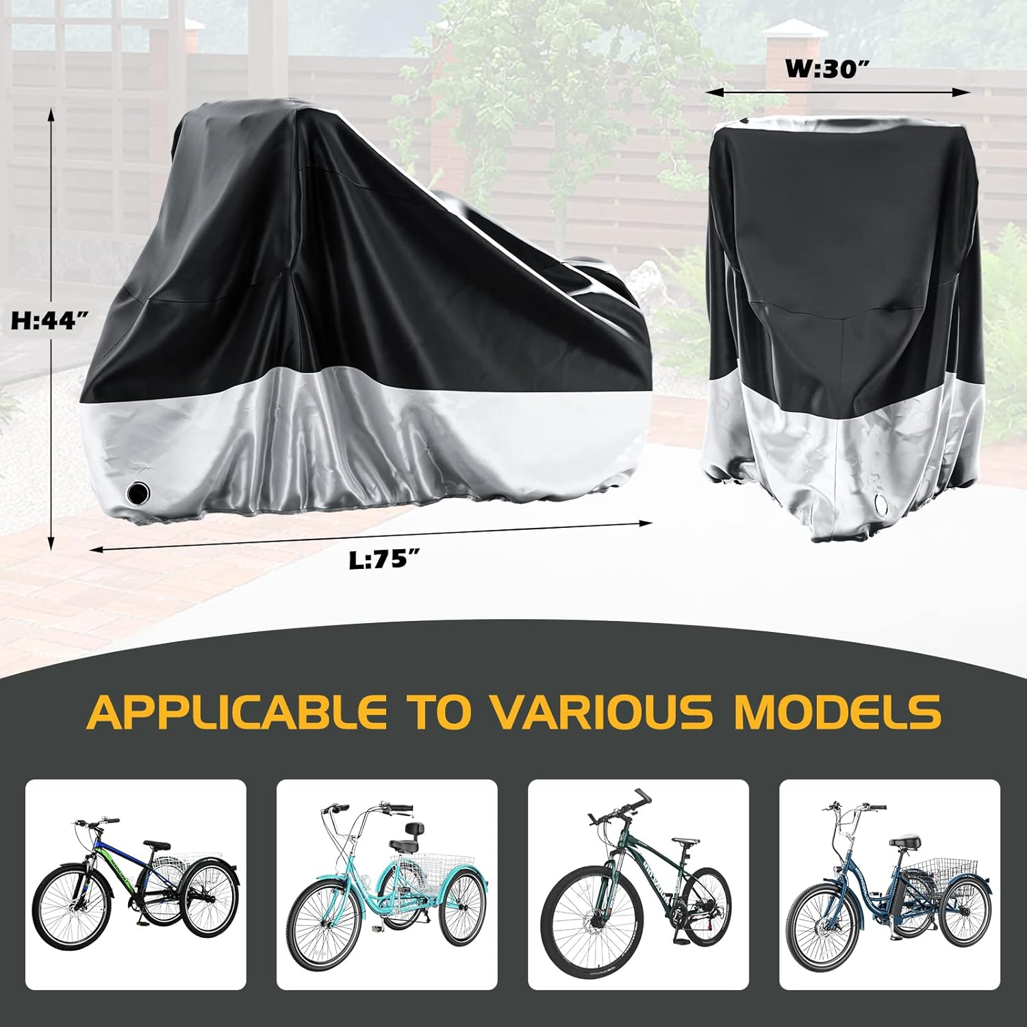 MOONCOOL Adult Tricycle Cover Trike Cover, 3 Wheeled Bicycle Bike Cover for Outdoor Storage Waterproof, Dust Wind Proof for Bikes image number 1