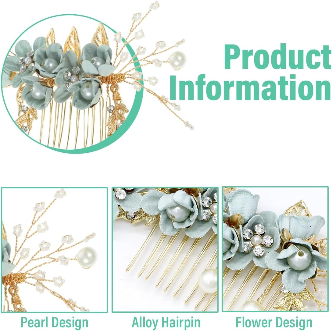 MIRKUZI Hair Combs 1 Piece Green Hair Comb Clip Green Hair Accessories Wedding Bridal Hair Comb with Flowers and Crystals Elegant Headpiece for Brides and Special Occasions