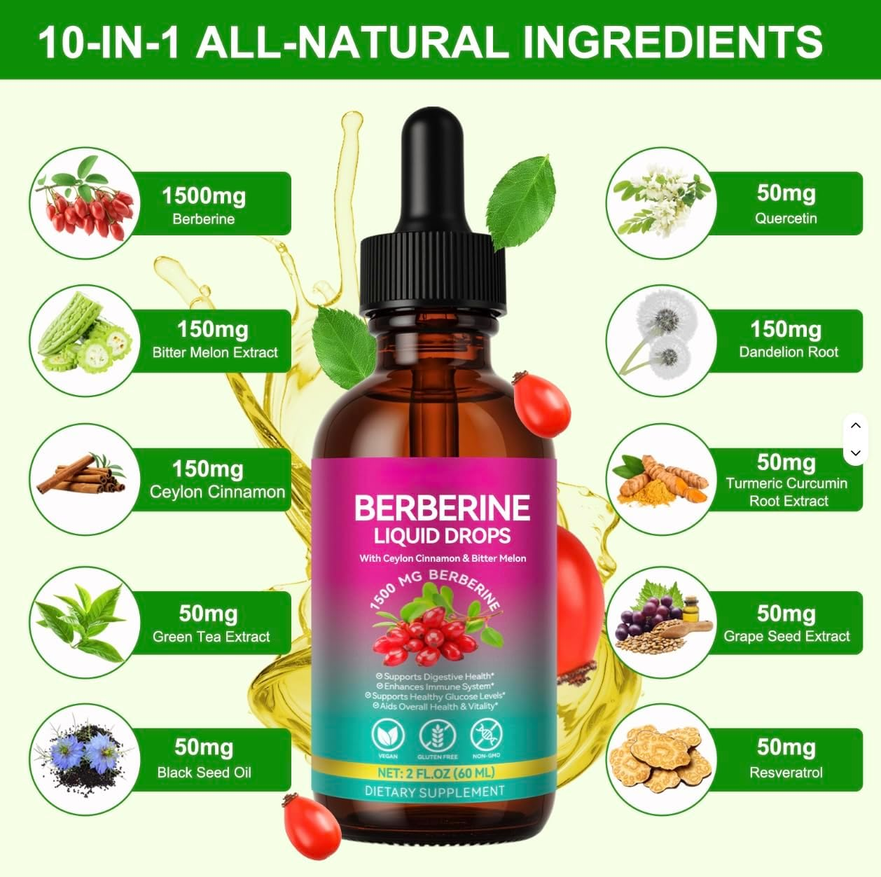 Berberine Liquid Drops 1500Mg &ndash; Plant-Based 10-In-1 Herbal Formula with Ceylon Cinnamon, Bitter Melon & Green Tea &ndash; Vegan, Non-Gmo, Gluten-Free &ndash; 60Ml Daily Wellness Supplement image number 3