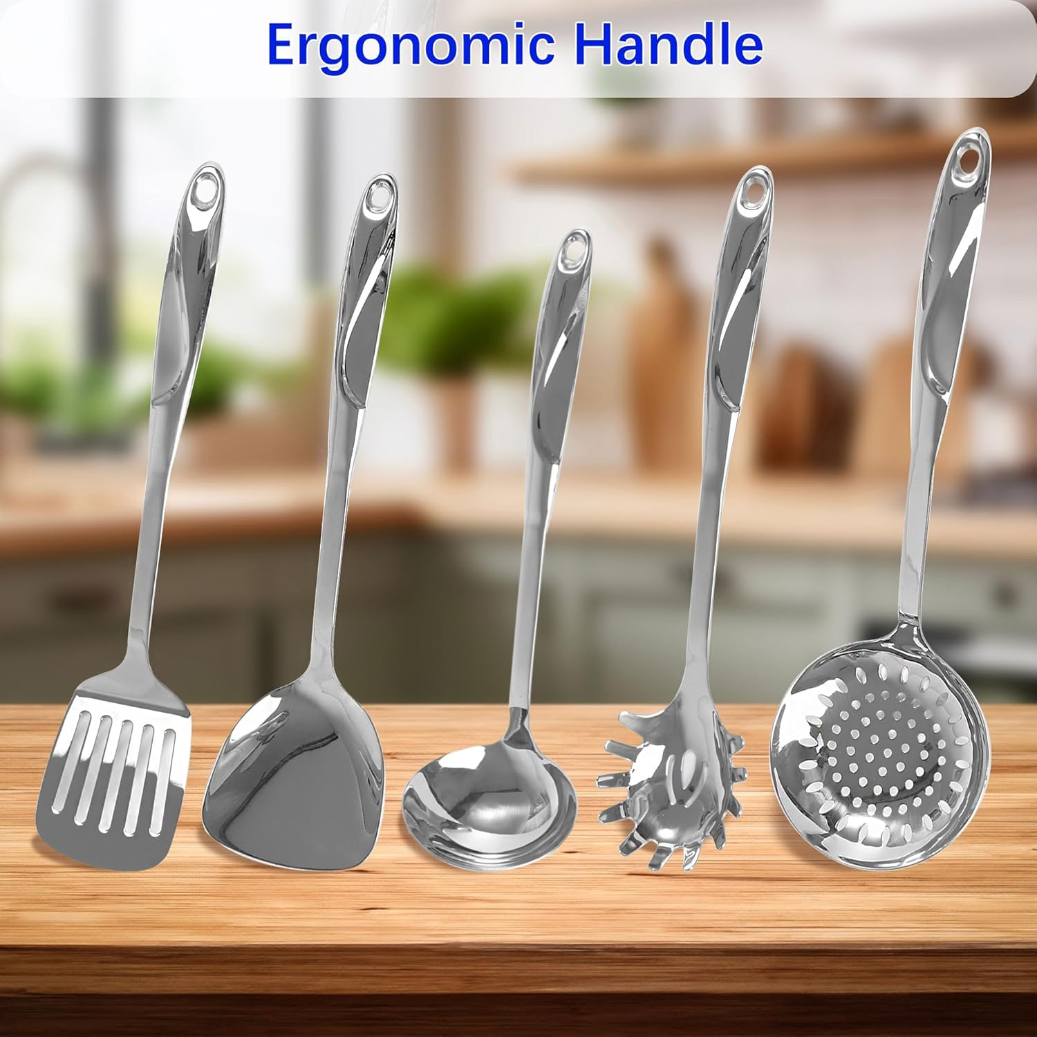 IMEEA 5-Piece Kitchen Utensils Set SUS304 Stainless Steel Cooking Utensils Set Includes Spatula, Soup Ladle, Slotted Spatula, Pasta Server & Skimmer image number 2