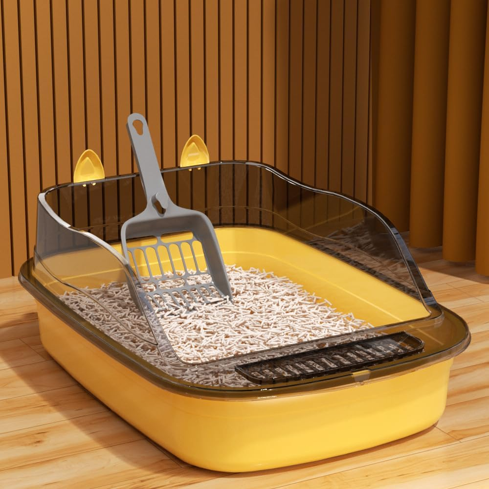 Open Cat Litter Tray Box Kitty Toilet with Extra Large Entry and Splash Guard,Easy Clean,Includes Litter Scoop,Stylish & Spacious Design for Larger Cats,Anti-Leakage,Non-Sticky (Grey)