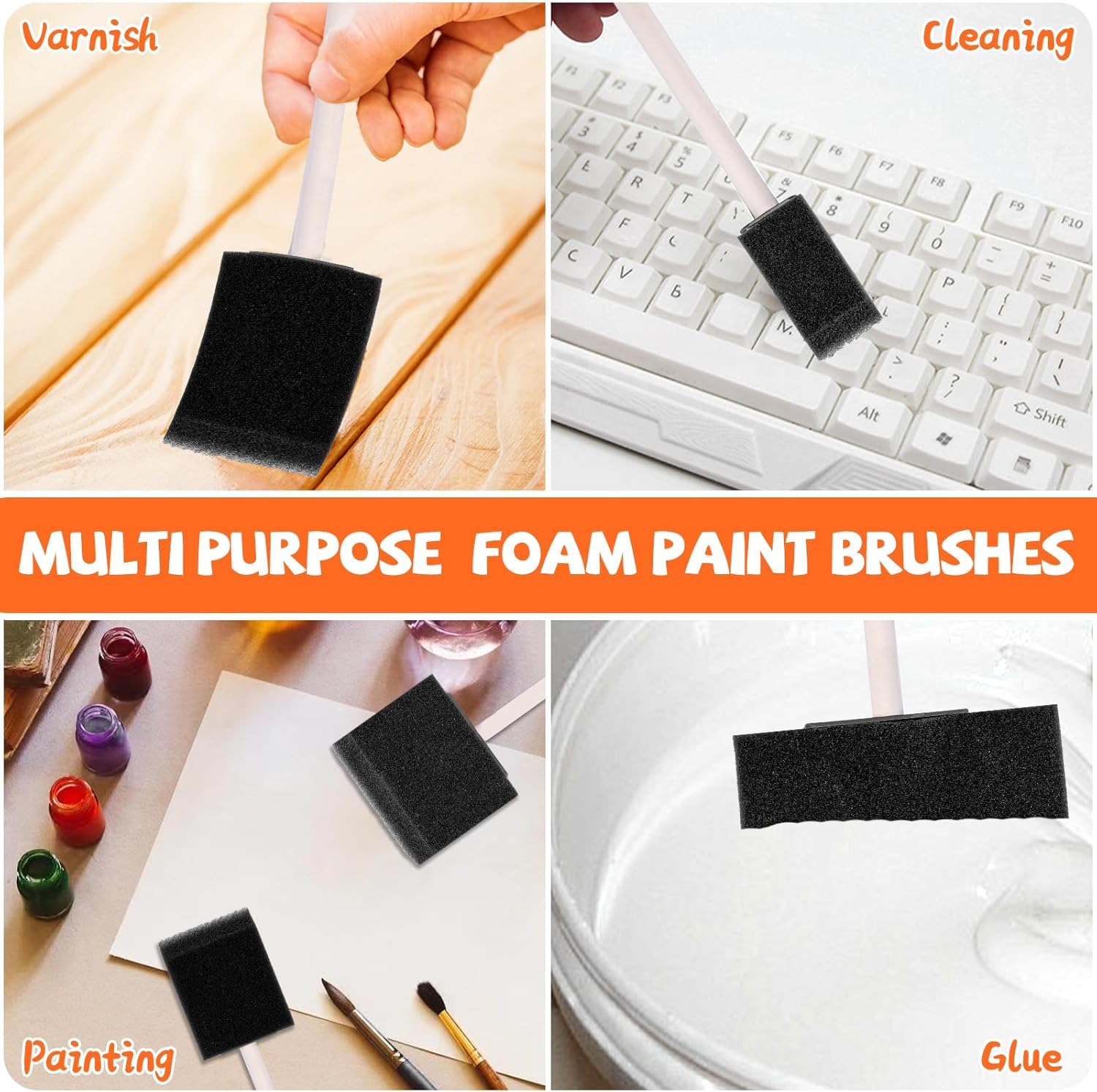 Polly Online 4 Pcs Foam Art Paintbrushes Wood Handle Sponge Brushes 1'', 2'',3'' & 4'' Sponge Paint Brush for Painting Varnishes DIY Craft Projects image number 1