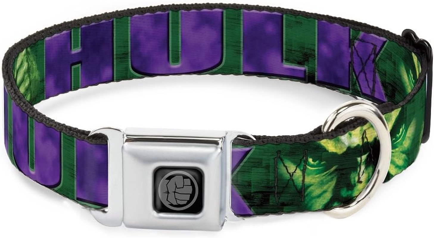 Dog Collar Seatbelt Buckle Hulk Face Close up Action Pose Greens Purples 11 to 17 Inches 1.0 Inch Wide image number 2