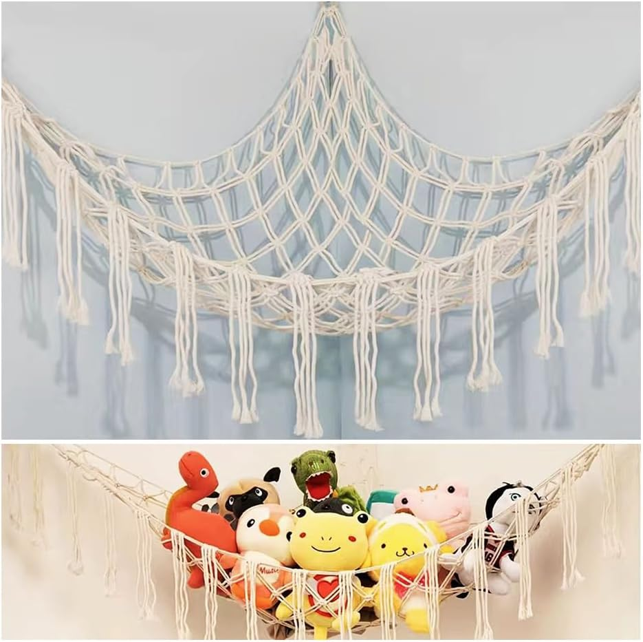 Toy Hammock,Extra Large Macrame Wall Hanging Soft Toy Storage Organizer for Nursery,Soft Corner Hanging Netting (Style A)