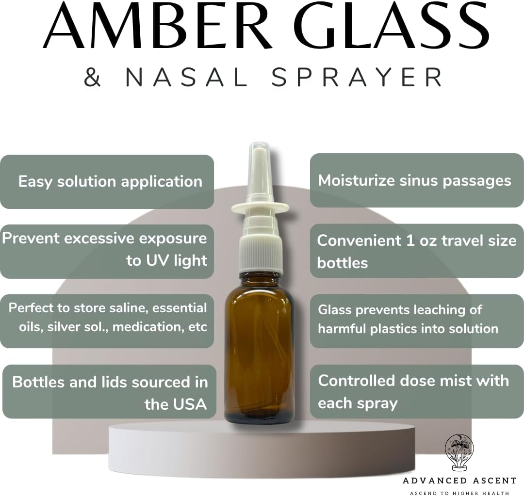 Amber Glass 1 Oz Nasal Sprayer! EMPTY, Refillable, Travel Sized, Quality Glass for Saline Applications!, Amber, 2 Count (Pack of 1)