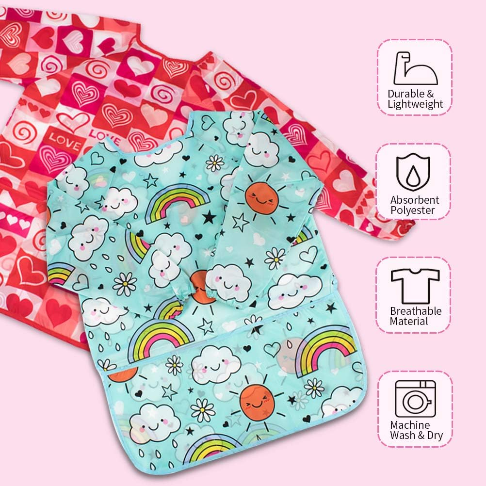Kids Art Smocks 2 Pack Painting Smock with Long Sleeve and 3 Pockets for Age 3-8, Cloud, Large - Cloud image number 3
