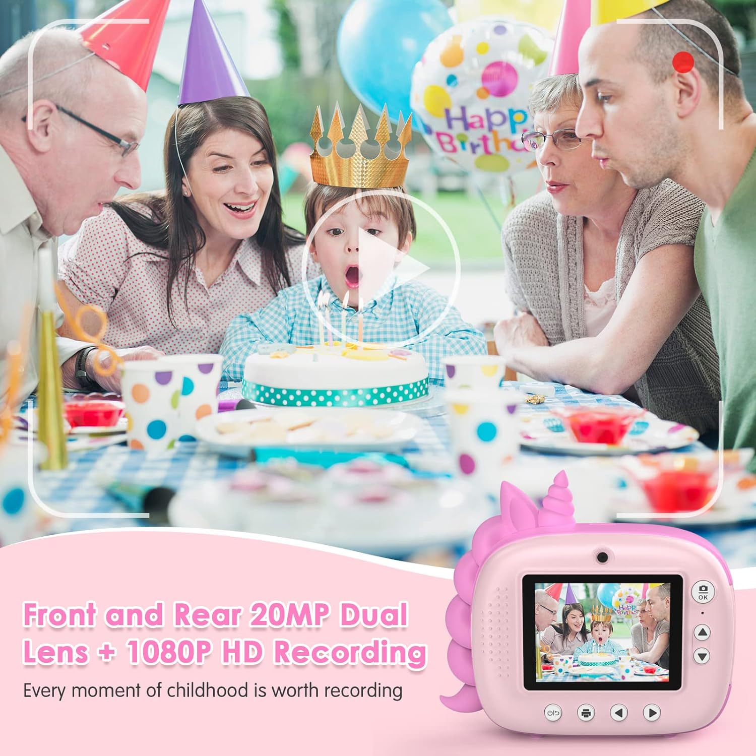 Camera Instant Print, Digital Camera for Kids with Zero Ink Print Paper & 32G TF Card, Selfie Video Camera with Color Pens & Photo Clips for DIY, for Girls Boys 3-12 Years Old (Pink) - Blue image number 7