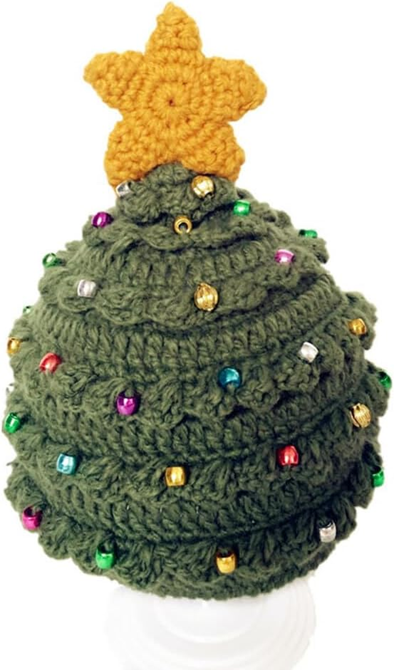 Unisex Christmas Winter Knitted Crochet Beanie Bearded Caps Christmas Tree Knit Hat Warm Hat Green with Stars
