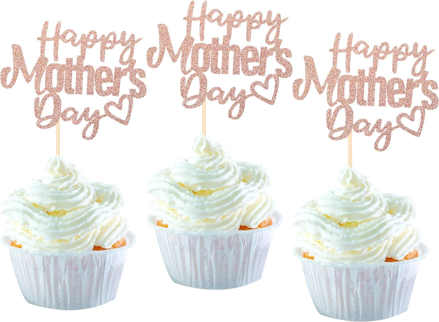 24 Pack Happy Mother'S Day Cupcake Toppers Glitter Hollow Heart Love Mother Best Mom Cupcake Food Picks Women Birthday Happy Mother'S Day Theme Party Cake Decorations Supplies Rosegold (#1)
