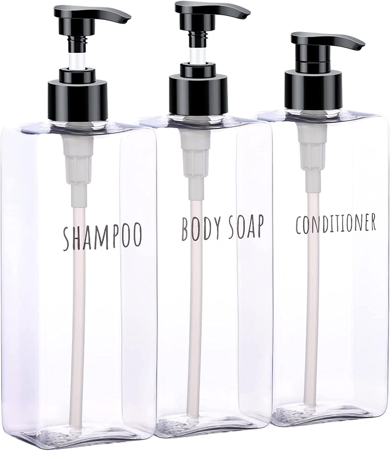 Segbeauty Square Soap Dispenser Black, 3Pcs 16.9Oz Refillable Shampoo & Conditioner Bottles, 500Ml Empty Reusable Plastic Pump Bottle Bathroom Shower Set for Body Wash Liquid Gel Lotion (SBFBA160931)
