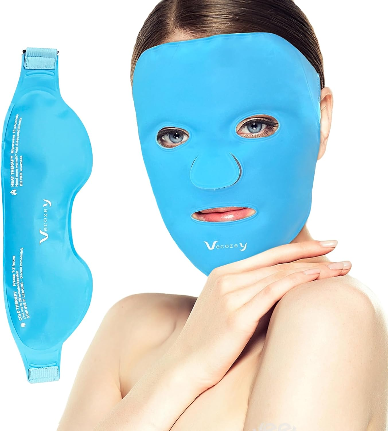 Vecozey Cooling Ice Face Mask & Gel Eye Mask Set, Dual-Sided Cooling Face and Eye Pack for Puffy Eyes, Headaches, Face Swelling, Migraines, Reusable Hot Cold Compress with Plush & Nylon Comfort Fit image number 2