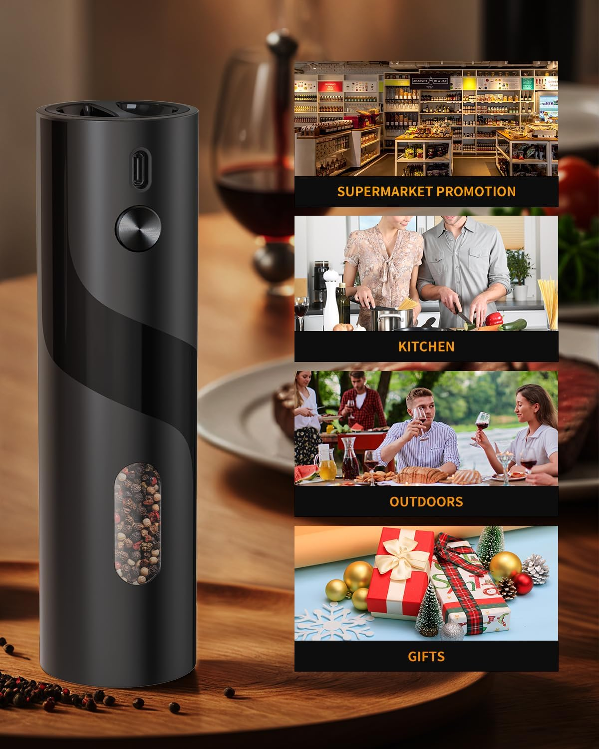 CIRCLE JOY Electric Pepper Grinder, Top-Refill Battery Operated Pepper Mill Grinder with Upgraded 110ML Capacity, Adjustable Coarseness, Led Light image number 2
