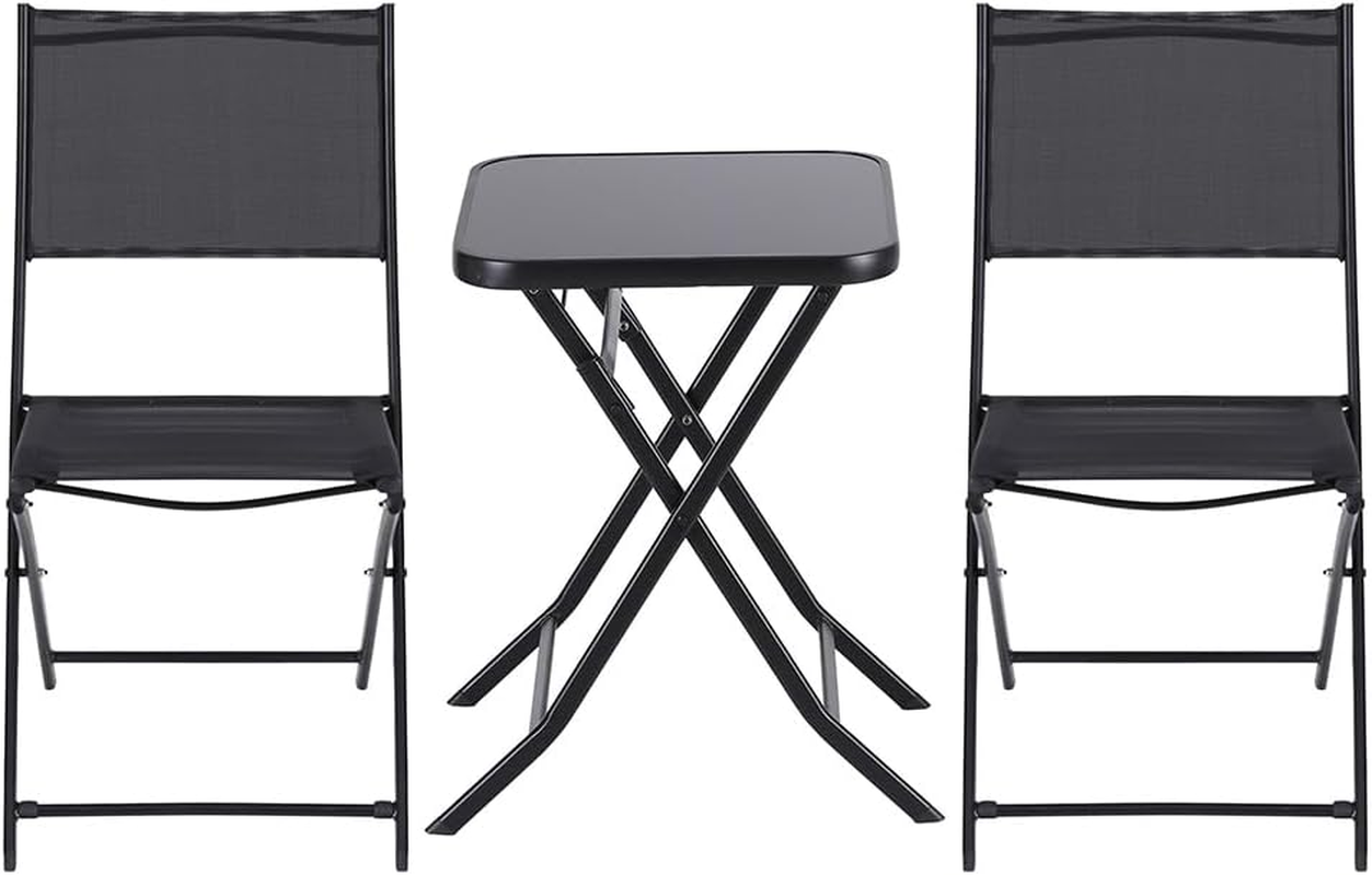 Gardeon Outdoor Bistro Set, Folding Table and Chairs W/Glass Tabletop, Patio Furniture for Garden Porch Backyard Lawn Poolside Deck, Steel Frame, Polyester Fabric Black image number 3