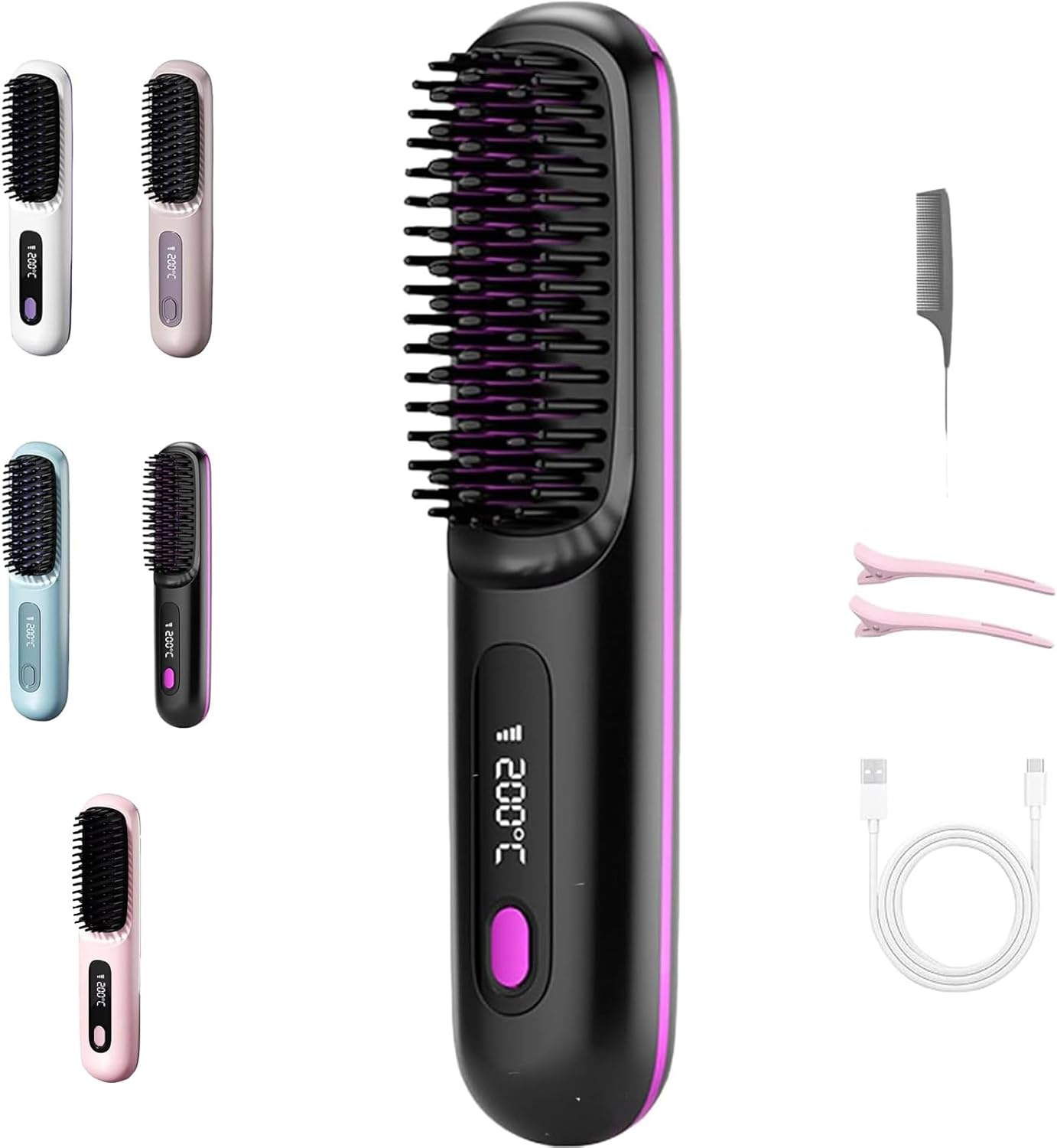 Gobrush Pro 2025, Gobrush Pro Hair Cordless, 2 in 1 for Straightening and Curling, with LED Display, 20S Fast Heat Up, 3 Temperature Settings (Purple)