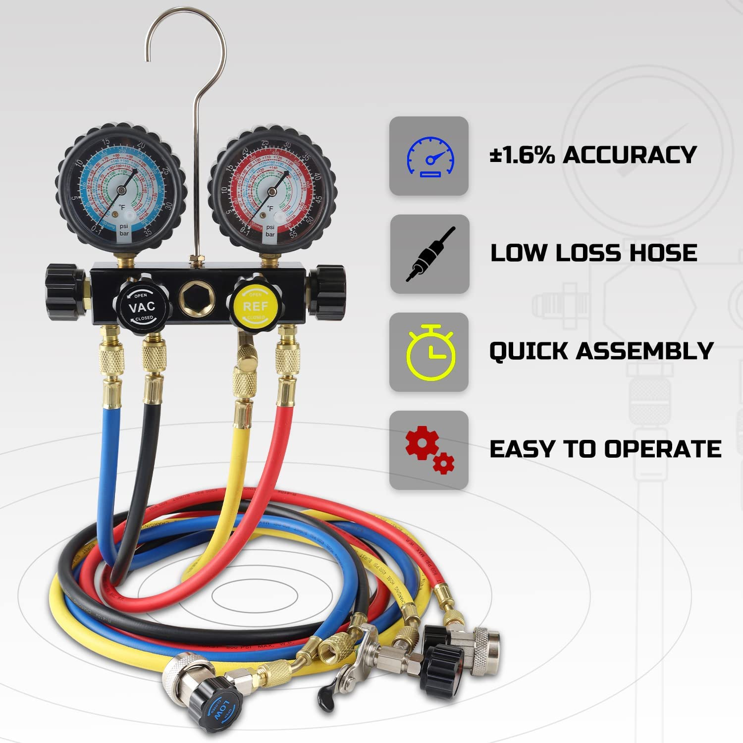 Lichamp HVAC Gauges with Hoses, AC Manifold Gauge Set R410A R134A R12 R22 Refrigerant Gauges image number 5