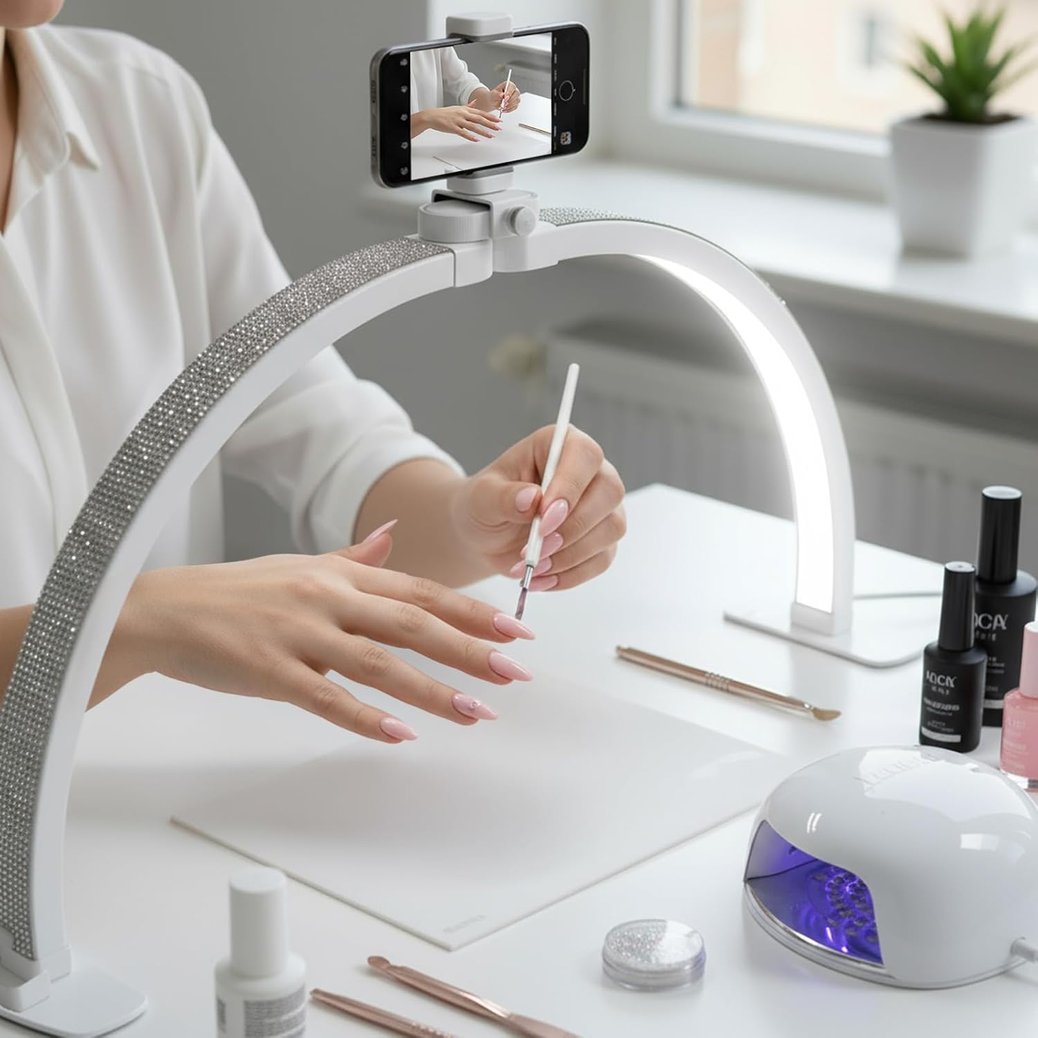 LIWEGHT 29 Inch Half Moon Light for Nail Desk, 4800LM 3 Color Temperature (3000K-6500K) 9 Brightness Dimmable, Foldable Nail Table Lamp for Manicure Eyelash Extensions Tattoo Skincare, White image number 4