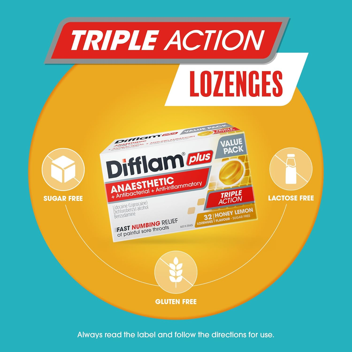 Difflam plus Anaesthetic Sore Throat Lozenges, Honey and Lemon, 16 Count image number 1