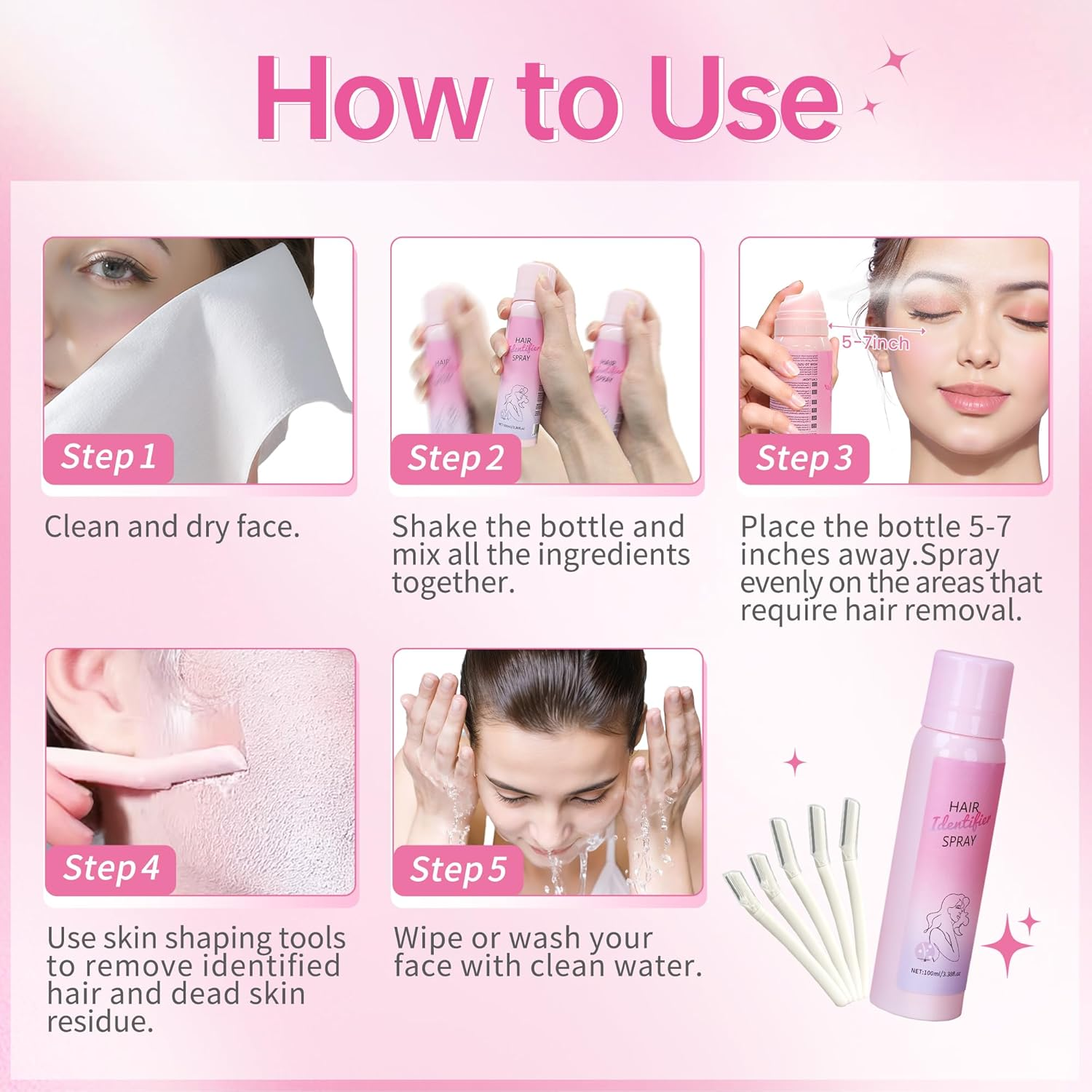 100Ml Hair Identifier Spray for Face Shaving, 100Ml with 5 Face Razor, Skin Body Hair Identifier Facial Spray Comfortable Grip Shavers and Dermaplaning Spray Set image number 1