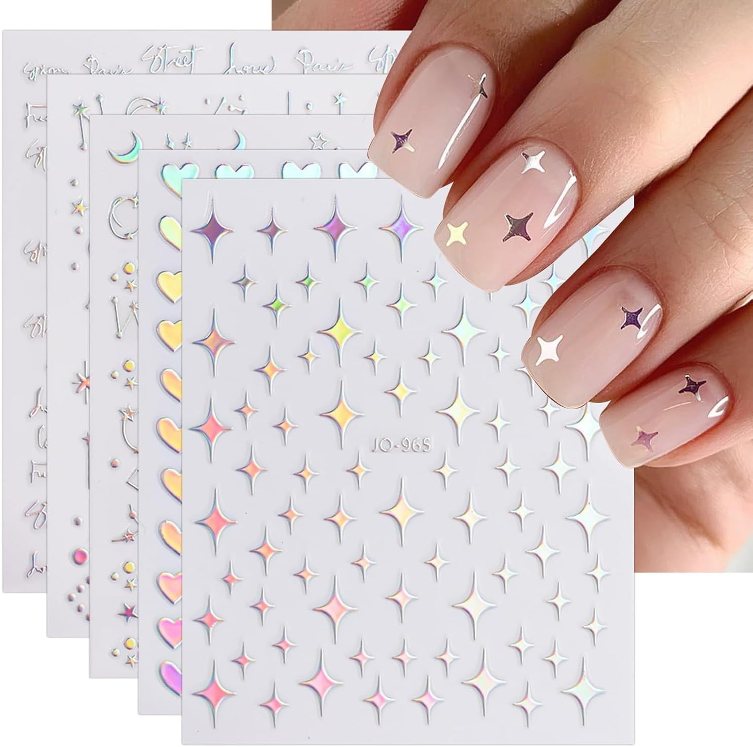 PQCLXUYA 5 Sheets Aurora Nail Art Stickers Decals 3D Self-Adhesive Pegatinas U&ntilde;as Glitter Holographic Star Heart Nail Supplies Nail Art Design Supplies Decoration Accessories for Women (Silver) image number 4
