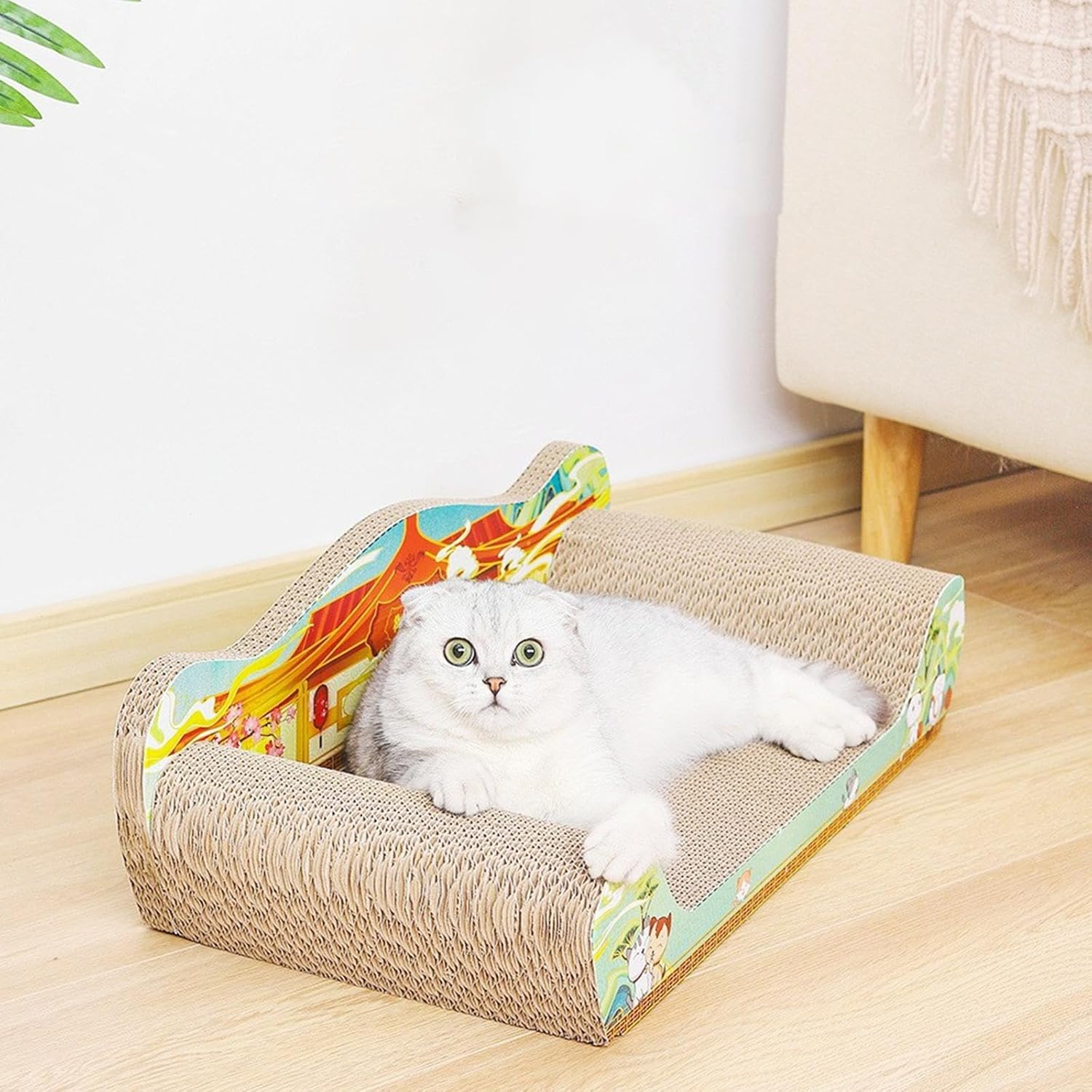 Perfk Cat Scratcher Cardboard Cat Toy Cat Scratch Bed Large Lounge Couch Cat Scratching Board Cat Sofa for Indoor Cats Kittens Play, Green 61Cmx30Cmx18Cm image number 3