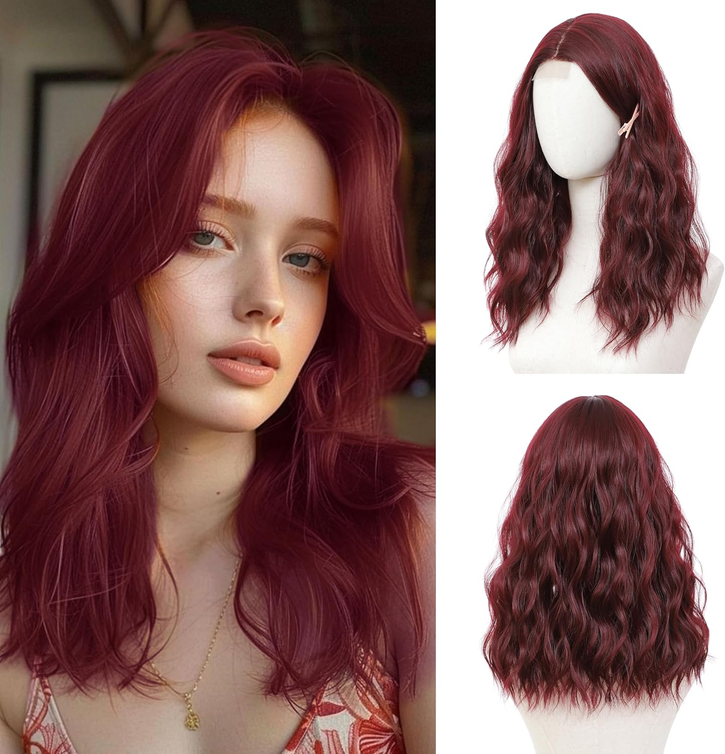 BUPPLER Burgundy Red Wig 45.72 Cm Medium Length Wigs for Women Middle Parting Synthetic Hair Wavy Wig with Improved Strands, Natural Wig for Everyday Party/Halloween