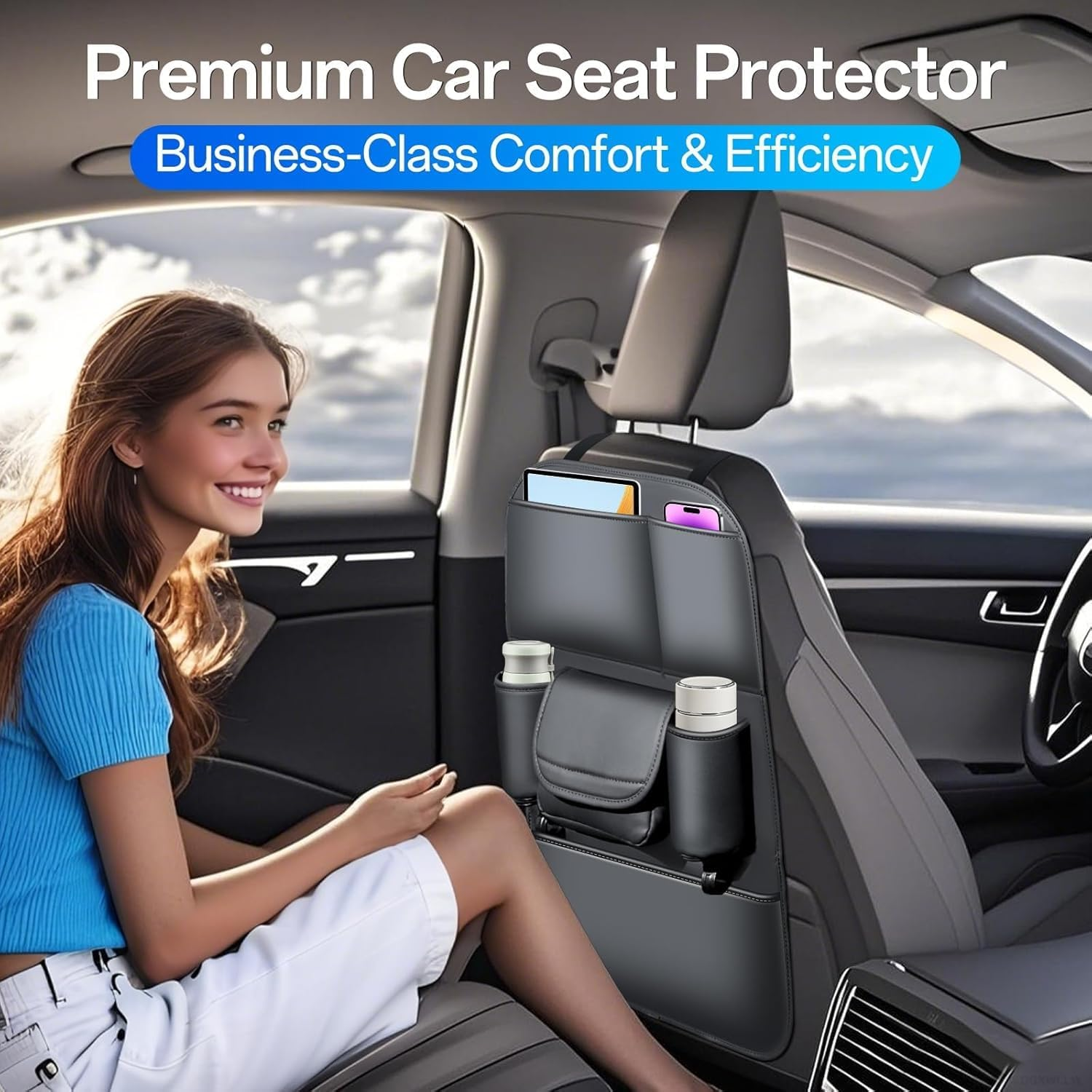 Car Backseat Organiser with Tissue Box&ndash; Multifunctional Car Storage Bag & Kick Mat, Large Capacity Car Seat Back Protector Cover Pad, Essential Car Accessories & Car Storage Organiser for All Vehicles image number 3