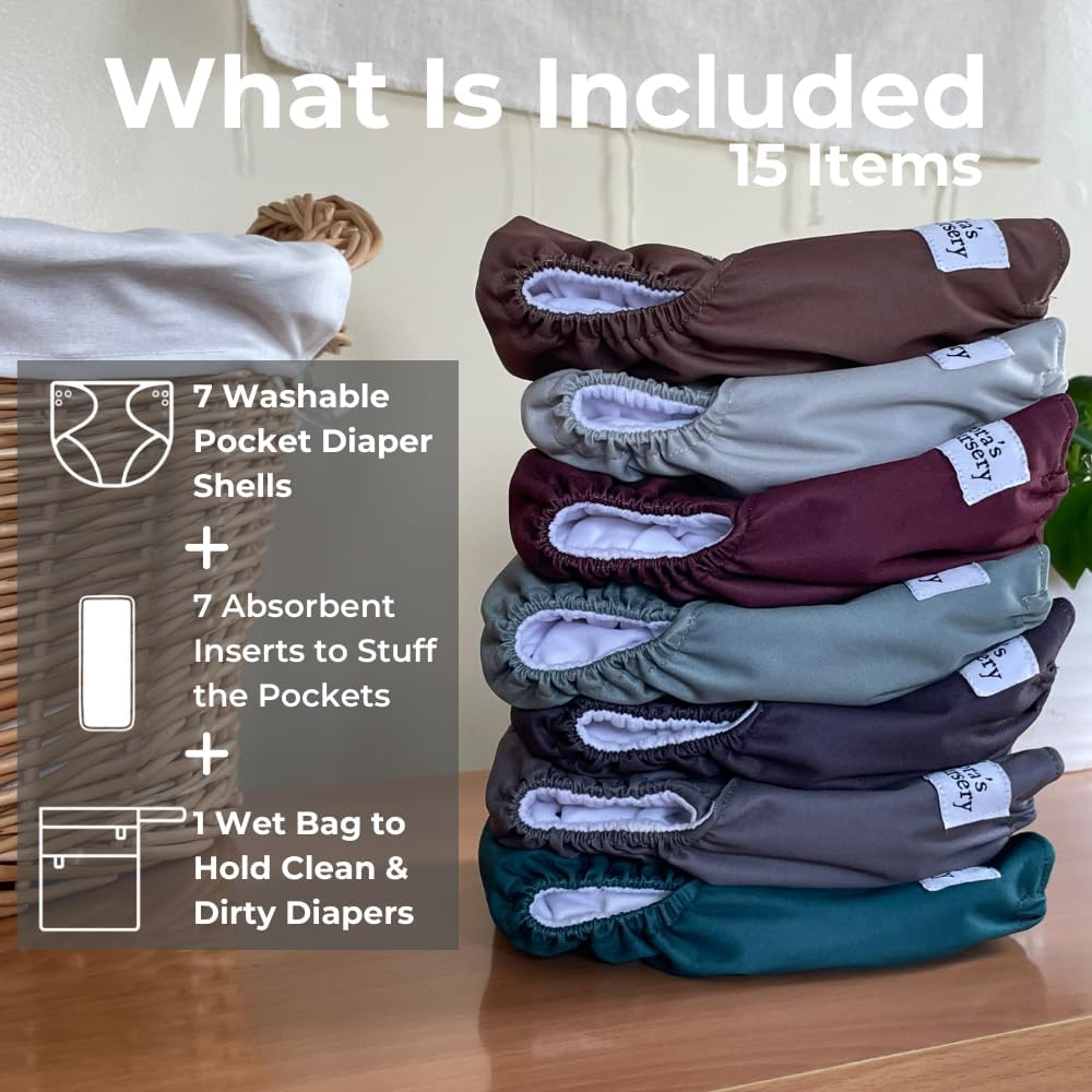 Nora'S Nursery Cloth Diapers 7 Pack with 7 Inserts & 1 Wet Bag - Waterproof Cover, Washable, Reusable & One Size Adjustable Pocket Diapers for Newborns and Toddlers - Hickory image number 2