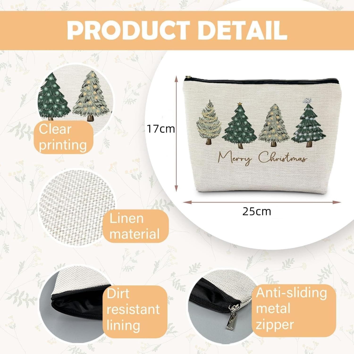 Itadaku Christmas Makeup Bag for Women, Travel Zipper Cosmetic Pouch with Christmas Tree Design, Holiday Organizer Gift, for Toiletries & Brushes (25 X 17 X 6 Cm) image number 2
