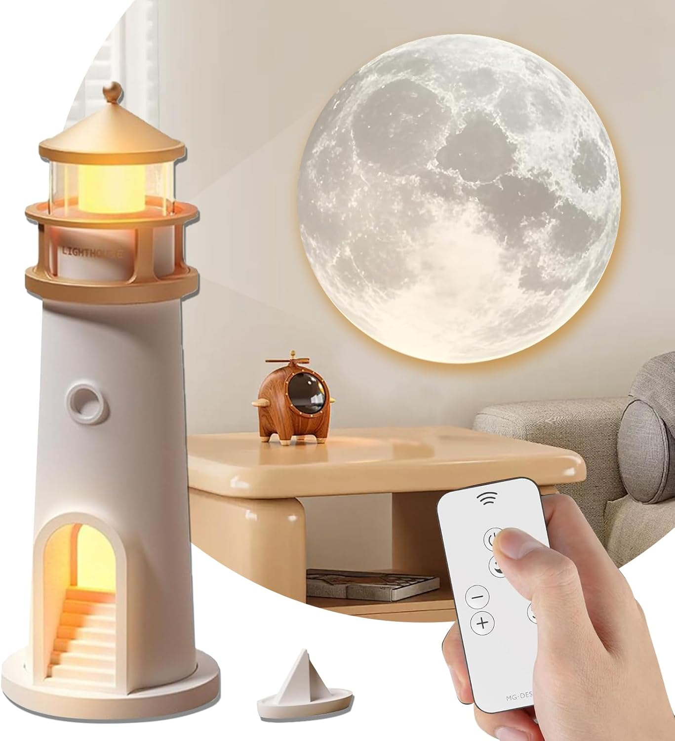 Lighthouse Projection Night Light, Moon Lamp Projector, Rechargeable Night Light for Living Room, Bedroom (Remote Control) image number 1