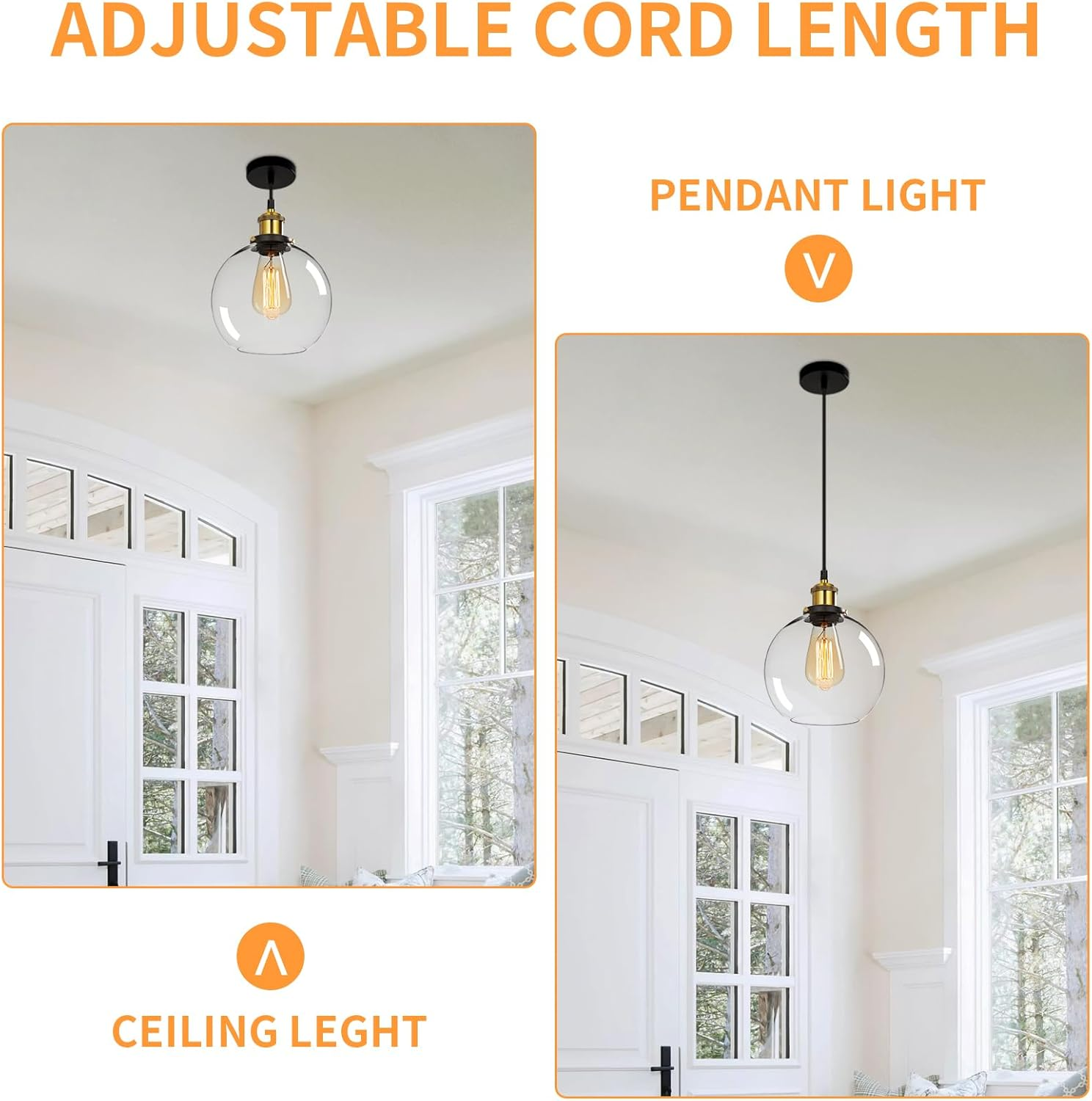 FORCOSO 3PCS Vintage Glass Pendant Light, Industrial Ceiling Pendant Lights with Clear Glass Globe Shade, Adjustable Pendant Lighting for Kitchen Island Dining Table Hallway Entryway（&Oslash;20Cm） image number 3