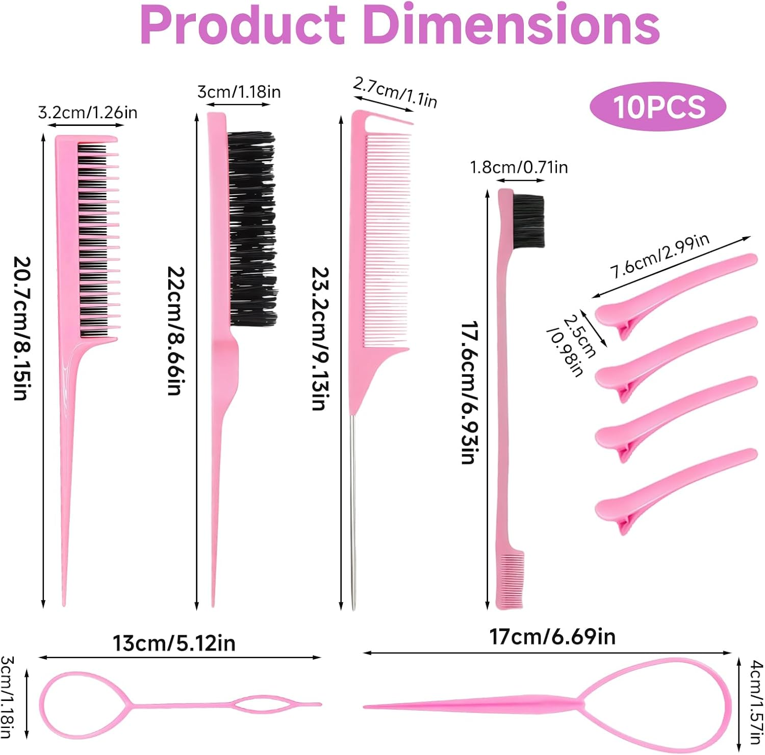 Teccfly 10Pcs Hair Brush Set - Braiding Kit & Hair Supplies,Topsy Tail Hair Tool,Edge&Back&Teasing Brush Rat Tail Comb Styling Tools for Women (Pink) image number 1