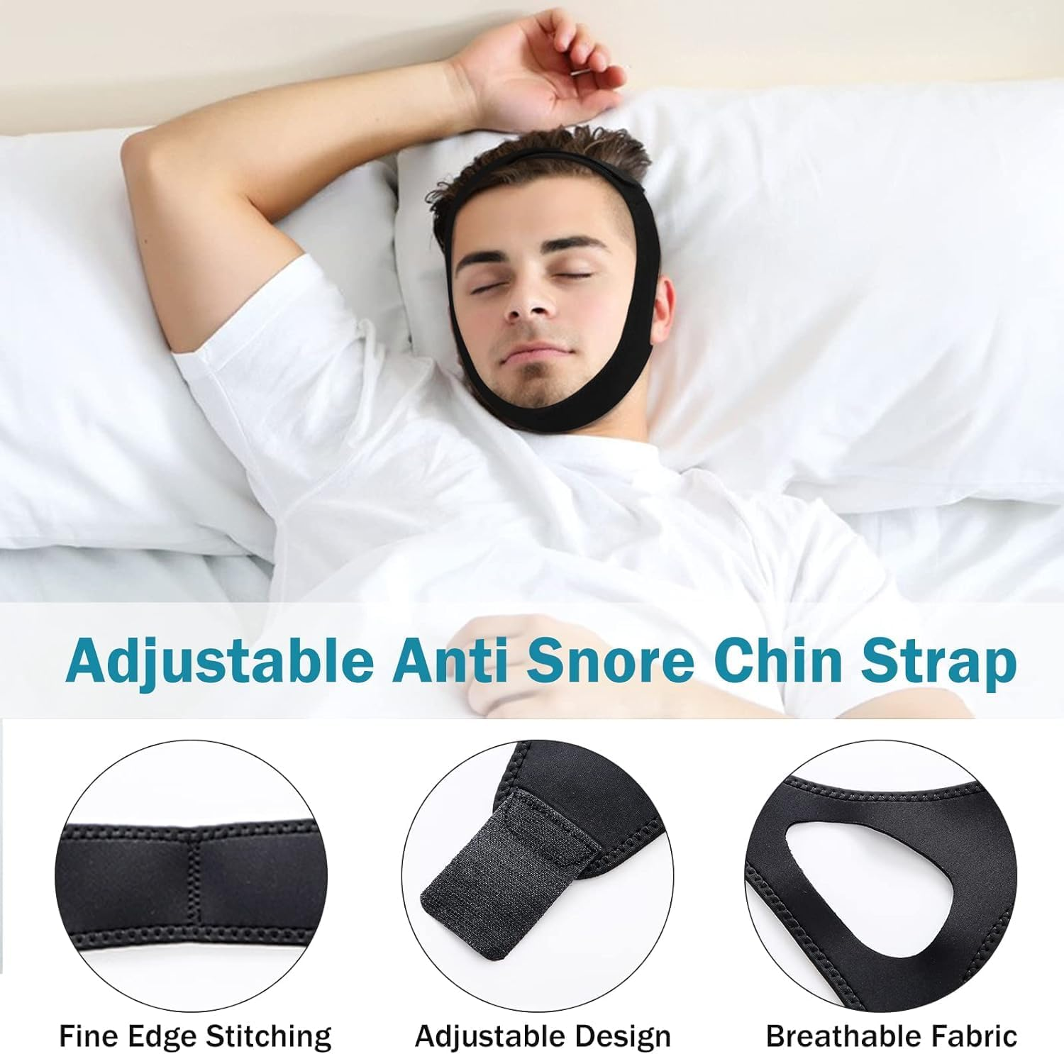 Anti Snoring Device Anti-Slip Adjustable anti Snoring Chin Strap,Snoring Reduction Stop Snoring Device Snoring Solution,Professional Effective anti Dry Mouth Chin Strap Stop Noise Snoring Strap (L) (Black) image number 2