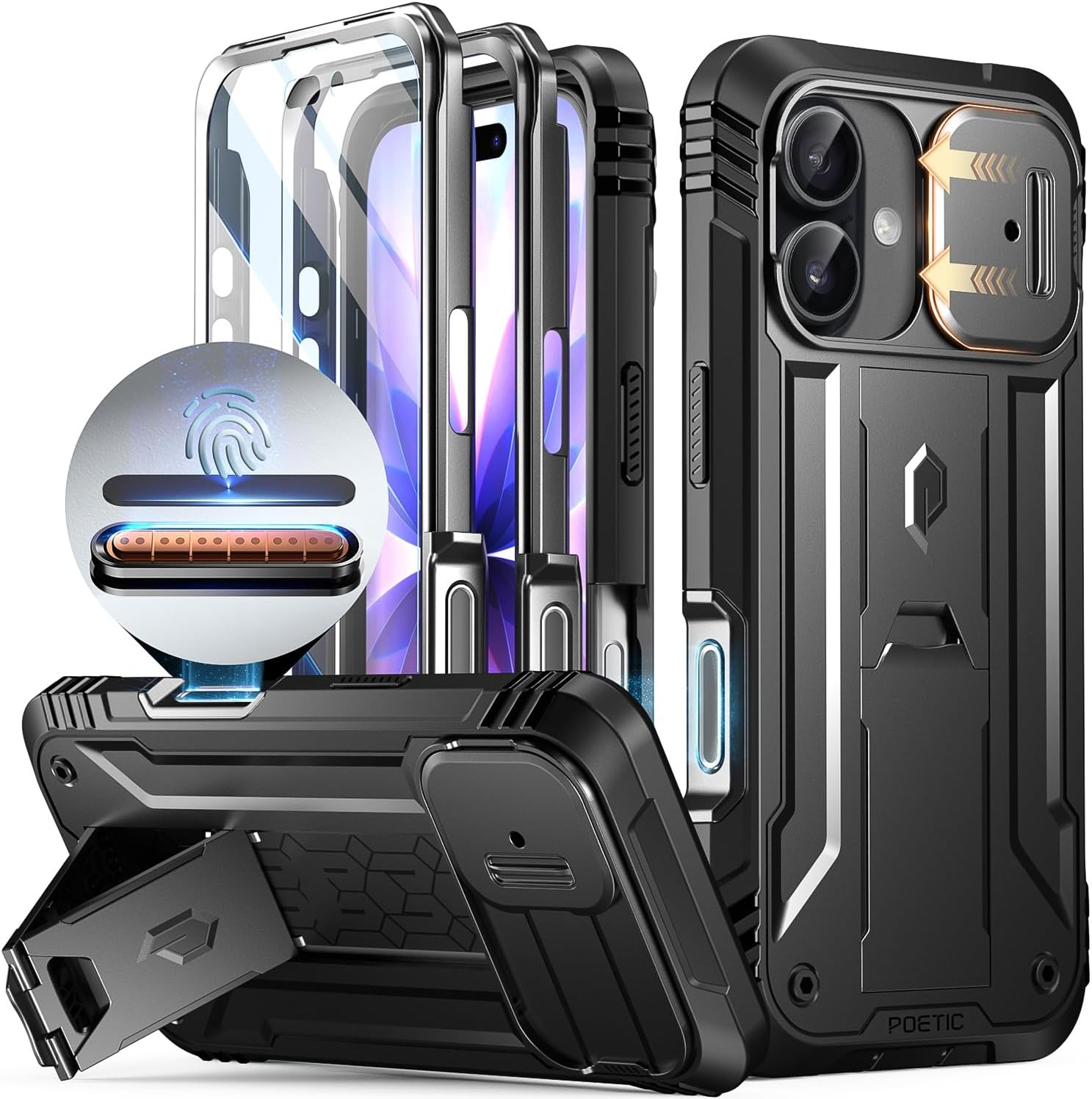 Poetic for 17 Case with Camera Control Capture Button, [Slide Camera Cover] [Built-In Stand] [Built-In Screen Protector] Full-Body Military Grade Rugged Phone Case for 17, Black