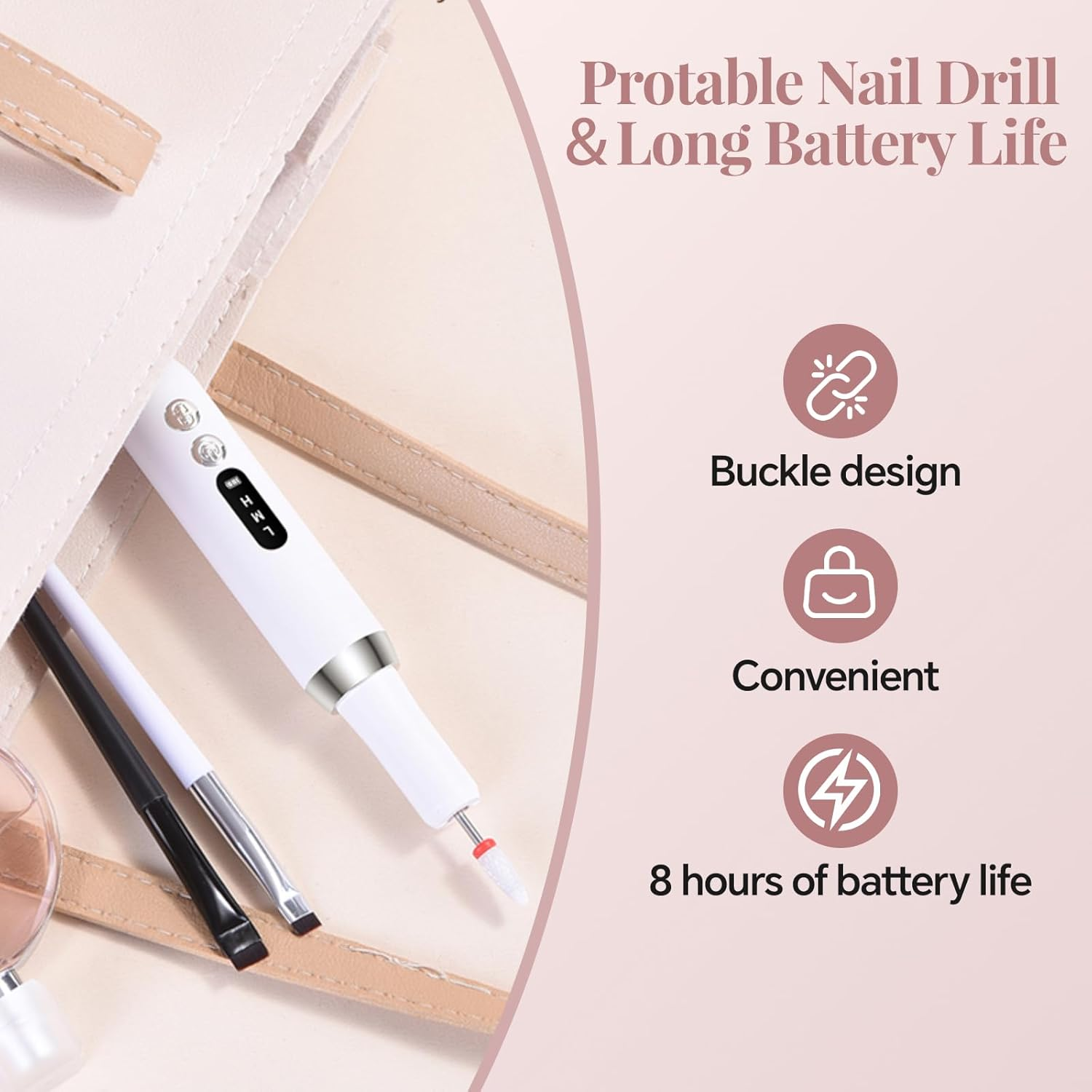 Emmuic Professional Cordless Nail Drill Kit &ndash; Electric Nail File for Acrylic, Gel & Dip Powder Nails, Rechargeable & Portable Manicure Pedicure Machine, Lightweight with 6 Bits image number 2