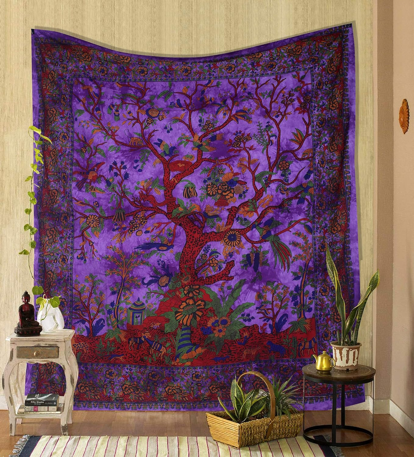 THE ART BOX Tapestry Green Tree of Life Wall Hanging Psychedelic Tapestries Indian Cotton Twin Bedspread Picnic Sheet Wall Decor Blanket Wall Art Hippie Bedroom D&eacute;cor (Medium, 60X54 Inch) image number 4