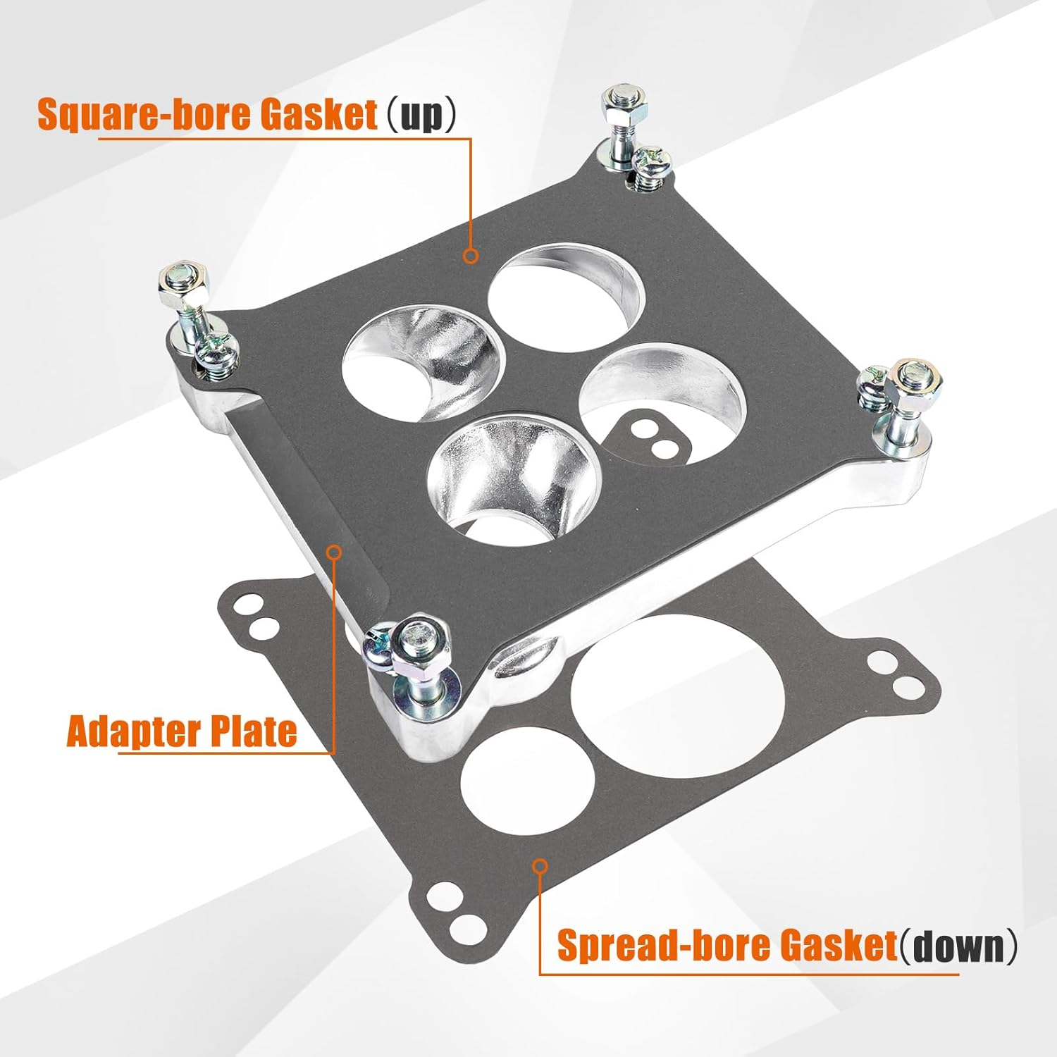 Edelbrock Carburetor Adapter 2696, Aluminum Carburetor Carb Spacer Plate 0.85 Inch, Square Bore to Spread Bore Carburetor Adapters Kits for Stock Quadrajet & Thermo-Quad Manifold with Flange Gaskets image number 4