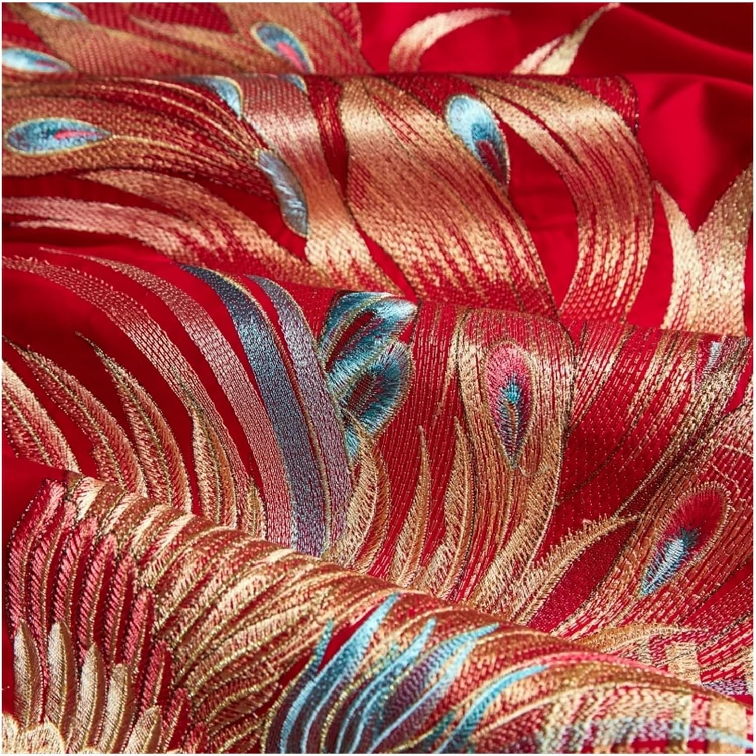 Chinese Wedding Luxury Bedding Set Gold Tassels Loong Phoenix Embroidery Red Duvet Cover Bed Sheet Pillowcases Home Textile,Bedding(Phoenix Dancing,Queen Size 8Pcs)