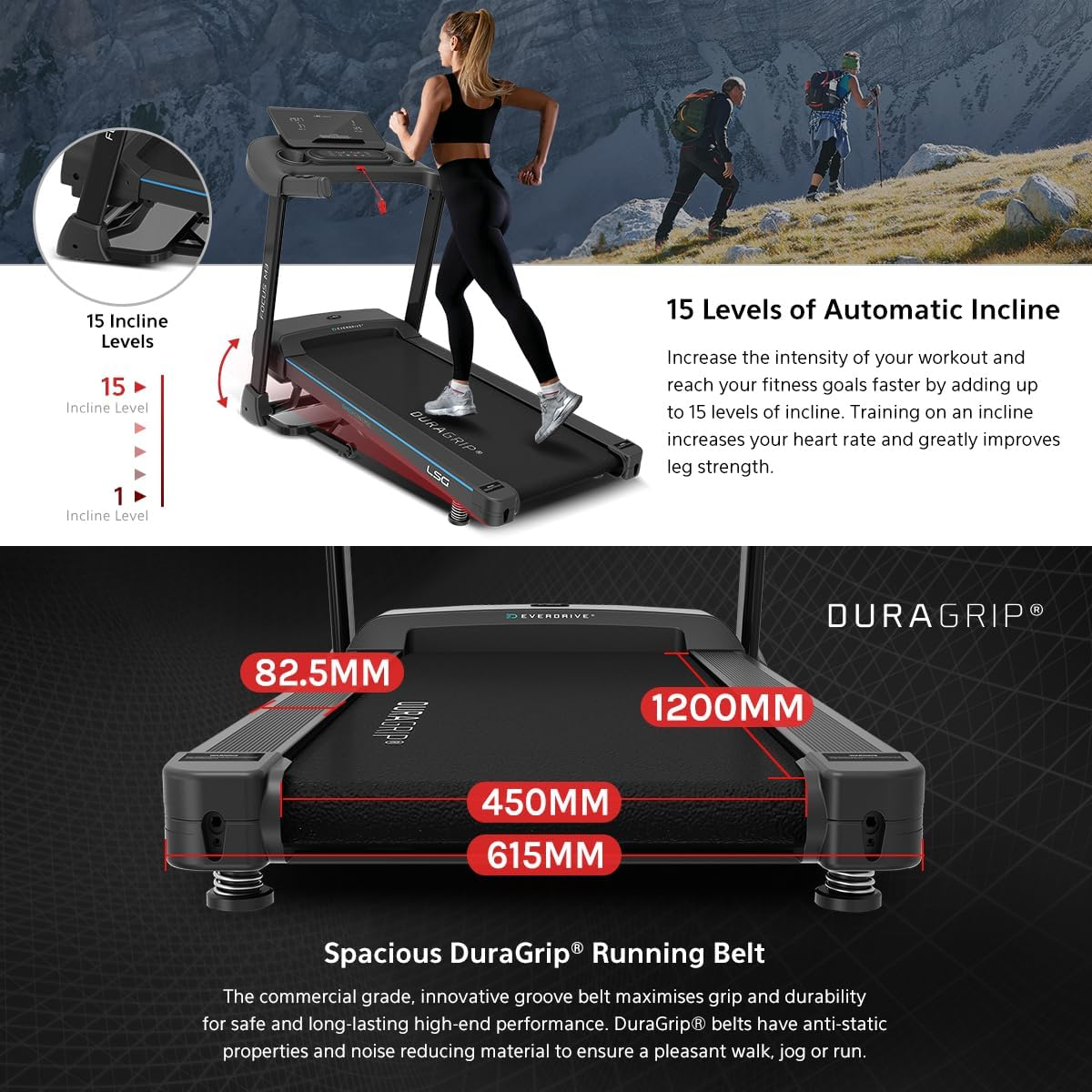 LSG Focus Treadmill with Everdrive&reg; H4 Motor, 15 Levels of Automatic Incline, 1.0 to 18Km/H Speed Range, Shockcontrol&trade; Basic Cushioning System, Spacious Duragrip&reg; Belt & 20 Preset Workout Programs image number 4