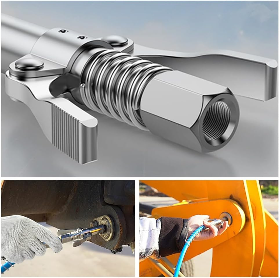 Grease Gun Coupler, Granmagazz Double Handle Mini Tips, Upgrade Double Handle Quick Lock Release Grease Joint Fittings, Heavy-Duty Grease Nozzle Fittings with 30 Cm Spring Hose image number 2