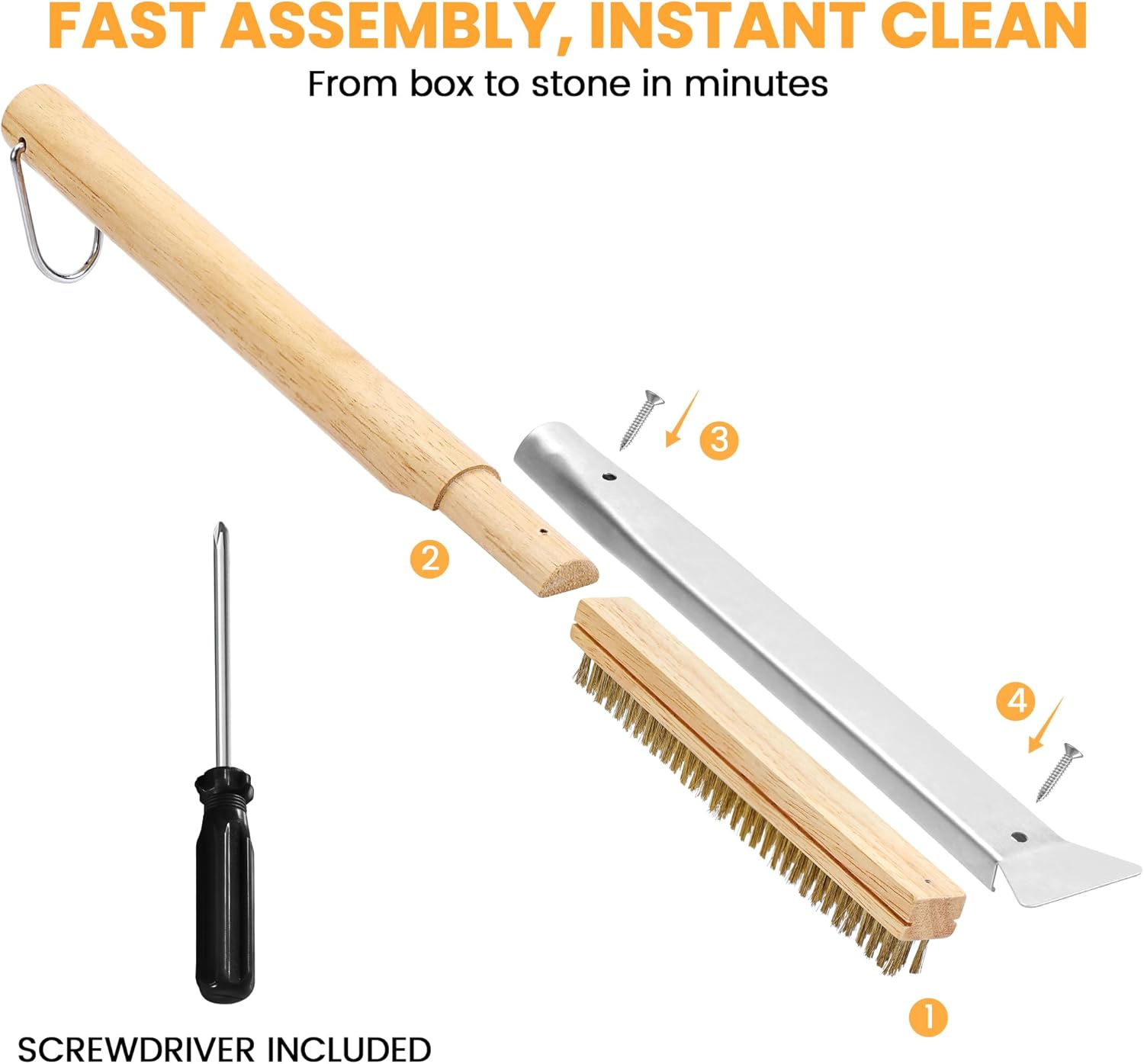 21'' Pizza Oven Brush with Stainless Steel Stone Scraper - Brass Bristles - Wood Handle - Hanging Ring - Outdoor Pizza Oven Accessories - Compatible with Ooni, Gozney, Blackstone, Solo Stove Ovens image number 6