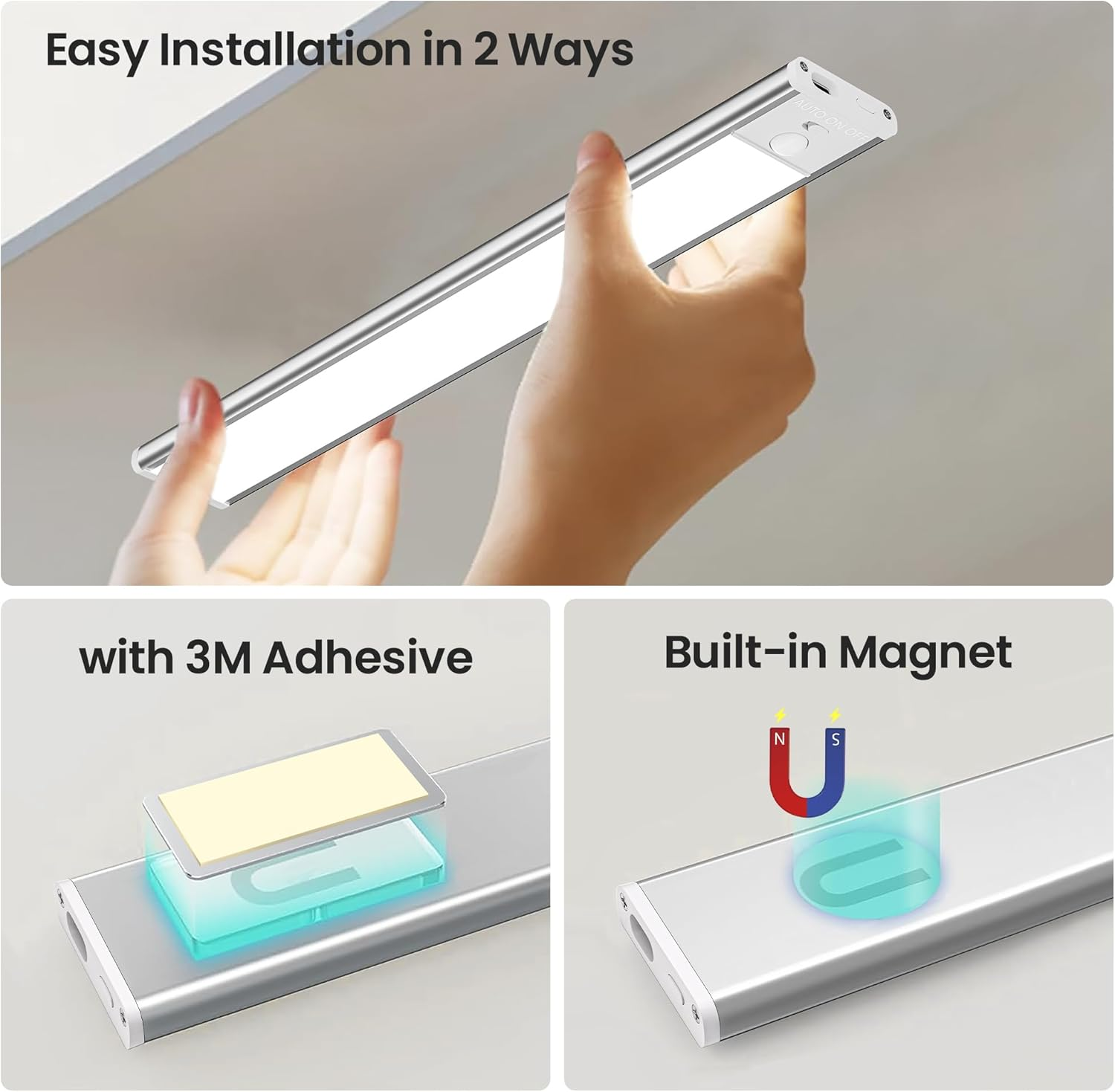 4-Pack Motion Sensor Closet Lights, under Cabinet Lighting, Wireless USB Rechargeable Led Light Bars with Large Capacity Battery Operated for Stairs/Wardrobe/Hallway/Kitchen/Camping (Silver-20Cm) image number 1