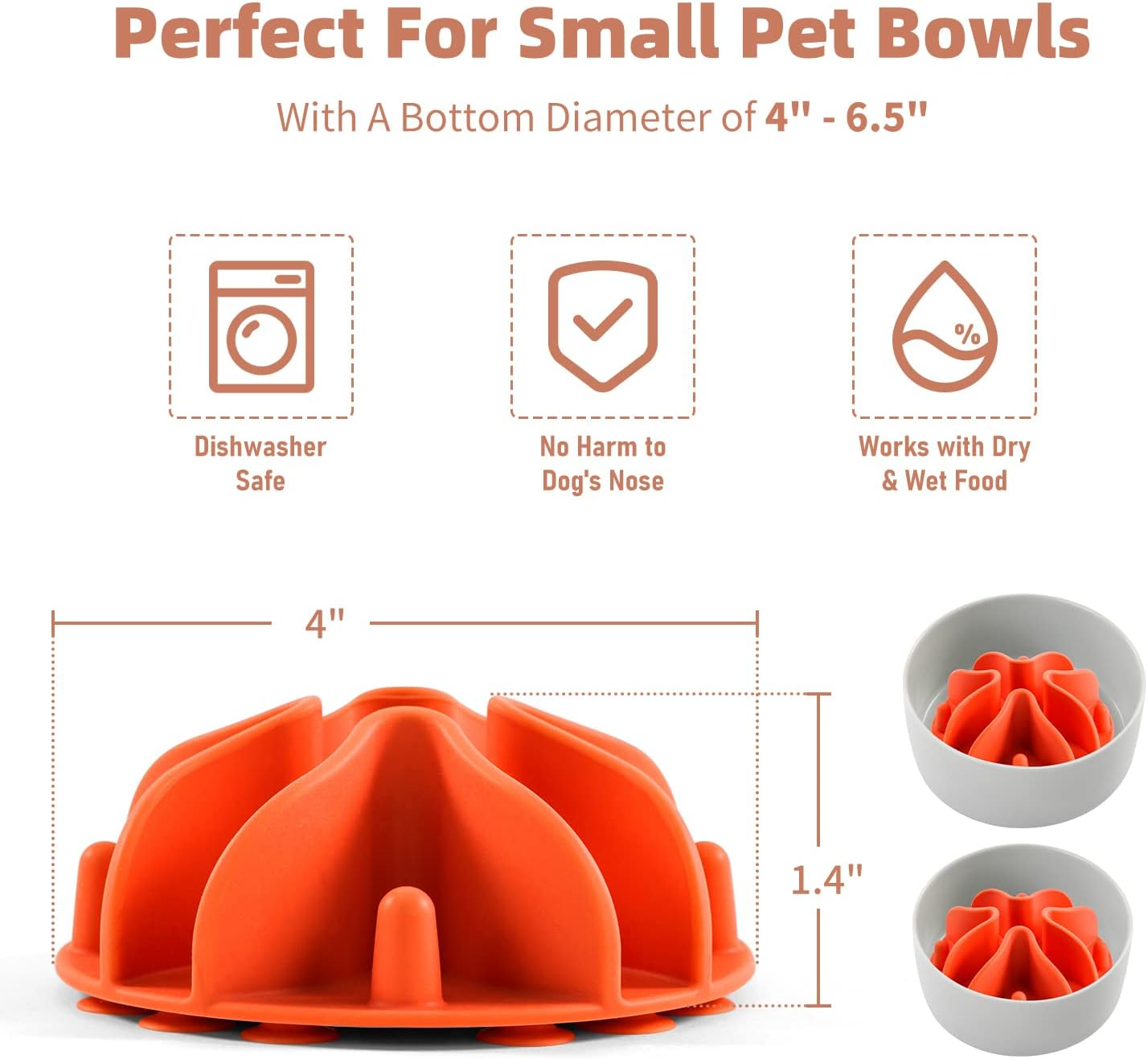 Jaoul Cat Slow Feeder Insert,Dog Bowls Small Slow Feeder,Puzzle Design with 21 Octopus Suction Cups for Small Breed Dog Bowls Cat Bowls 4" (Orange) image number 2
