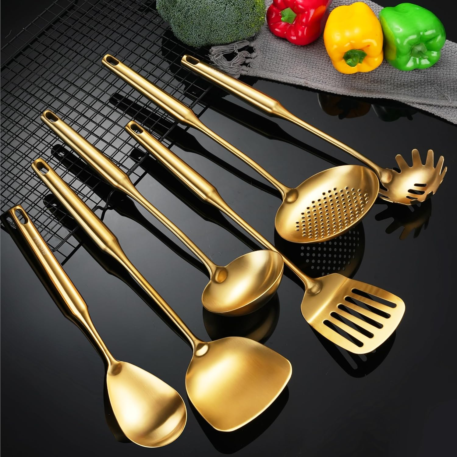 Kitchen Utensils Set Stainless Steel, 6 Pcs Professional All Metal Cooking Utensils Set, Wok Spatula, Ladle, Skimmer, Slotted Spatula Tunner, Spaghetti Spoon, Large Spoon