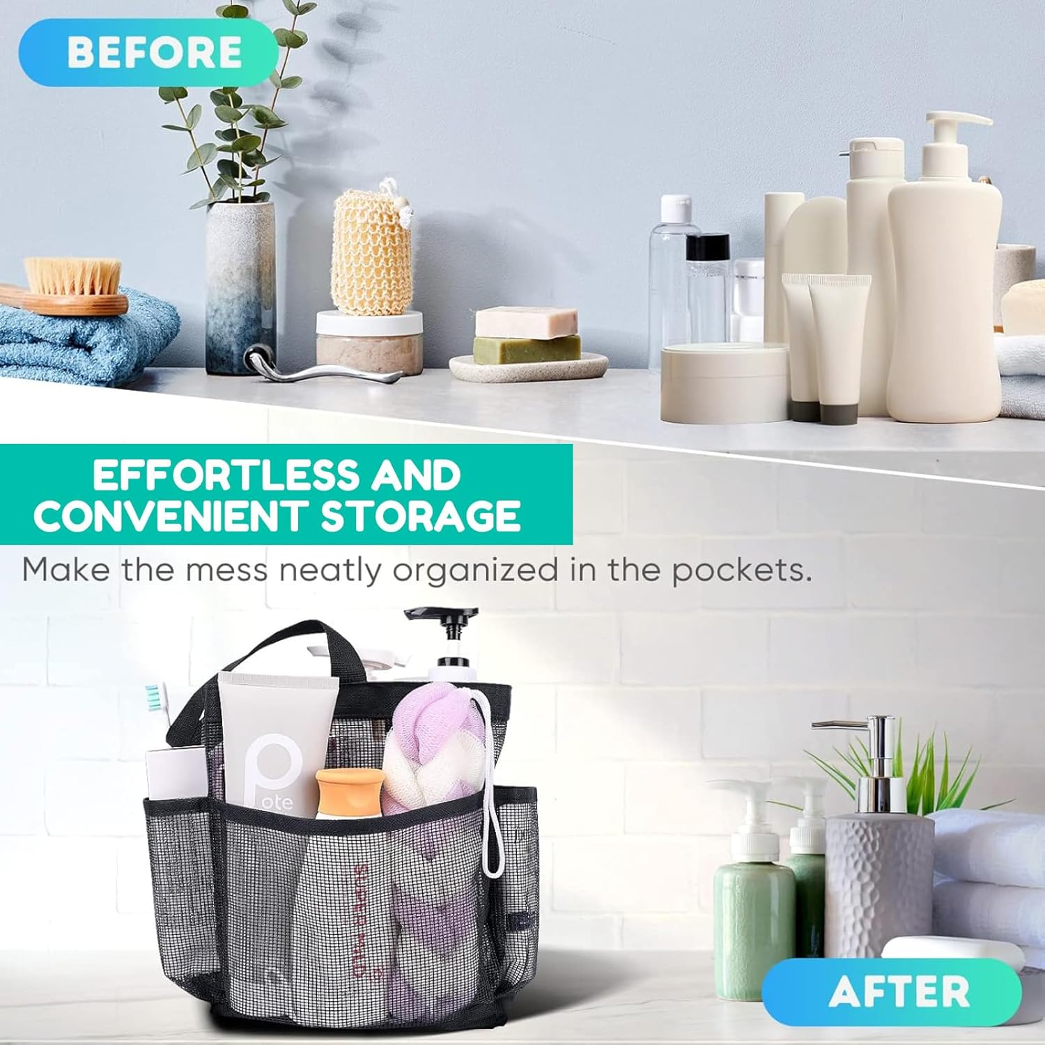 RIKONDA Heavy-Duty Mesh Shower Organizer with Reinforced Base, 8 Compartments for Travel, Gym & Dorm Essentials | 15X15X2Cm | 100G image number 4