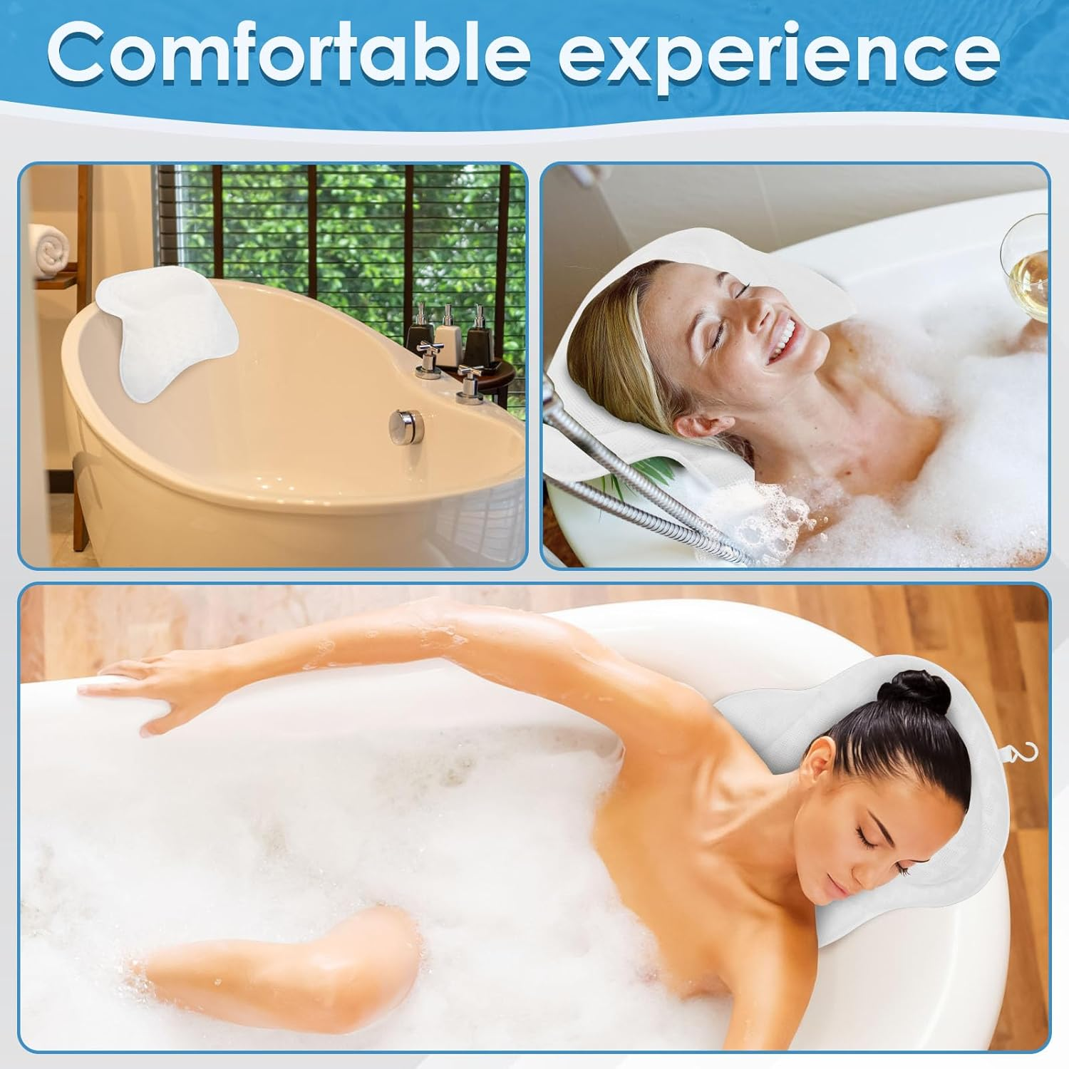 Thick Padded Bathtub Pillow, Ergonomic Machine Washable Bath Neck Back Support, with anti Slip Suction Cup, Helps Support Head, Back, Shoulder and Neck, Fits All Bathtub, Hot Tub, Spa (Wave Pattern) image number 6
