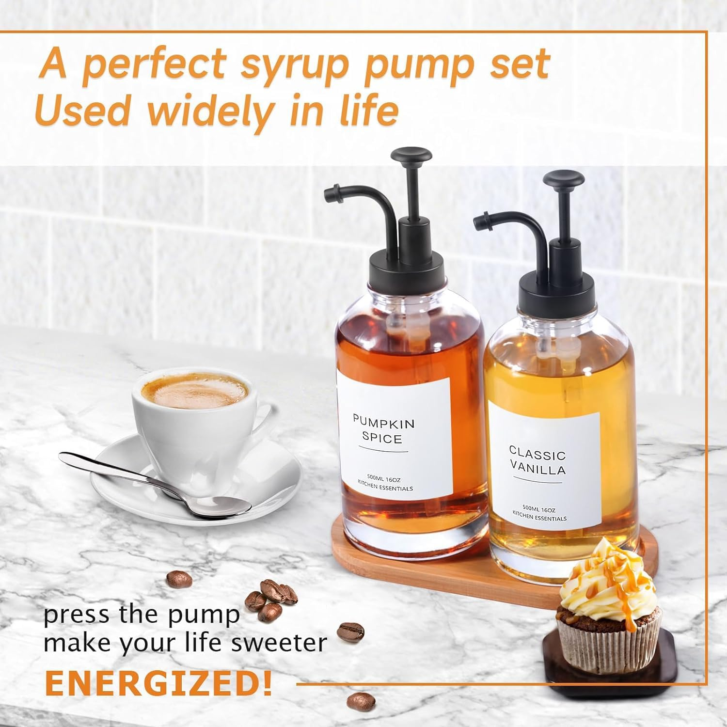 Syrup Dispenser, Coffee Syrup Dispenser for Coffee Bar, Simple Glass Syrup Bottle and Bamboo Tray, Syrup Pump Dispenser 16.9 Oz 500 Ml, Set of 2, Gold, Coffee Bar Accessory - Silver image number 2