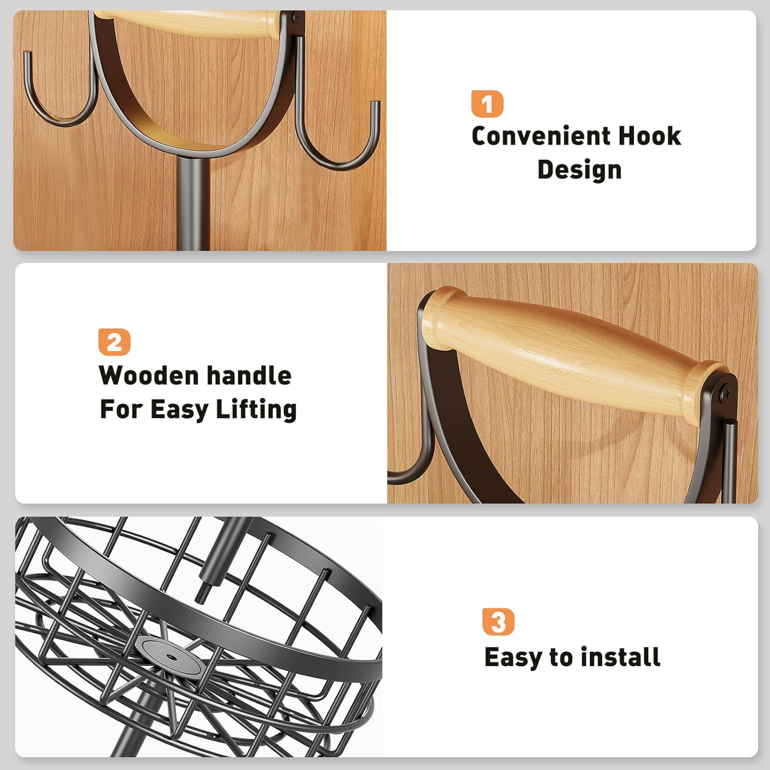 SEDISON 2 Tier Fruit Basket with Banana Hanger, Double Layer Metal Fruit Basket with Wooden Handle, Sturdy Carbon Steel Kitchen Storage Organizer for Fruits, Vegetables and More, Large Capacity image number 5