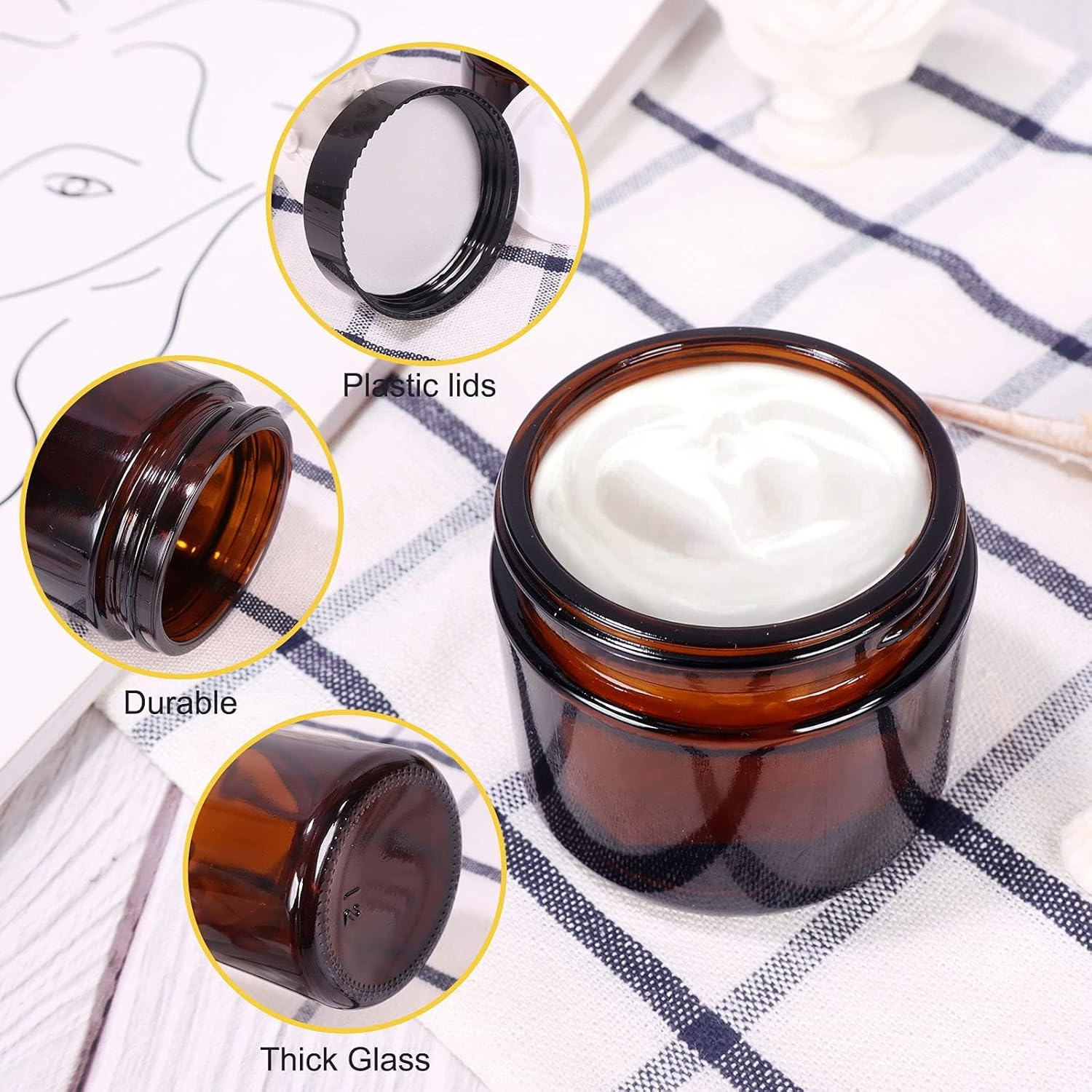 Keketin 2 Oz Amber Glass Jars,15 Pack Empty Cosmetic Containers with Inner Liners and Black Lids,Refillable round Cream Jars for Lotion,Ointments,Bath Salts,Makeup,Slime and Travel image number 6